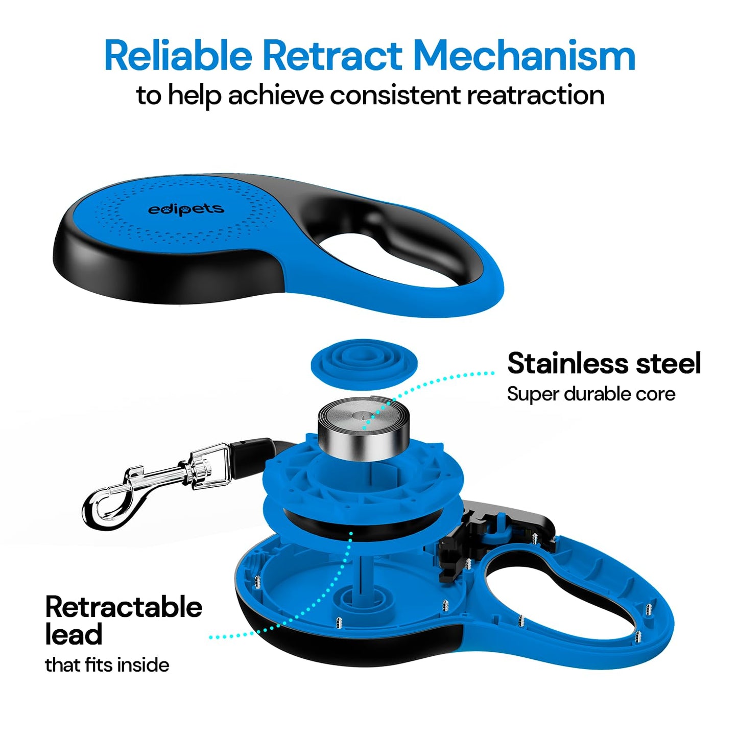 Correa Perro Extensible, Retráctil, 8 Metros, Incluye Dispensador de Bolsas, Cinta Flexible para Adiestramiento y Paseo, para Perros Pequeños, Medianos y Grandes (Azul, 8 Metros)