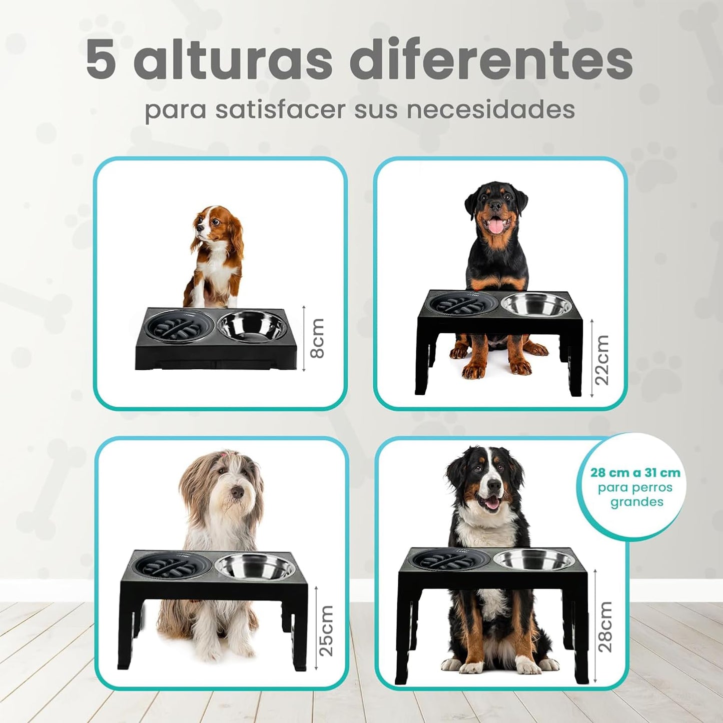 NOVARKA® Mega Comedero Perro Elevado con 5 Alturas | Incluye Bebedero de Acero Inoxidable y Comedero Perro Antivoracidad | Kit Premium Que Incluye Alfombra Antideslizante y Pala Carga Pienso