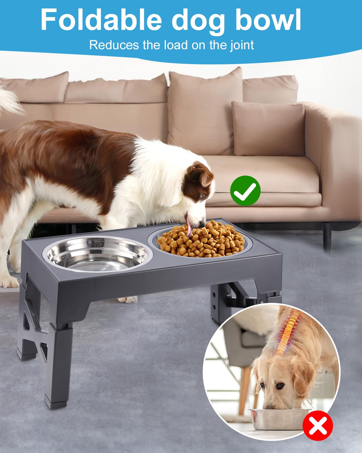 Toaren Comedero Elevado para Perro - 5 Alturas Ajustables, 2 Cuencos de Acero Inoxidable, Antivoracidad - para Perros Pequeños, Medianos y Grandes