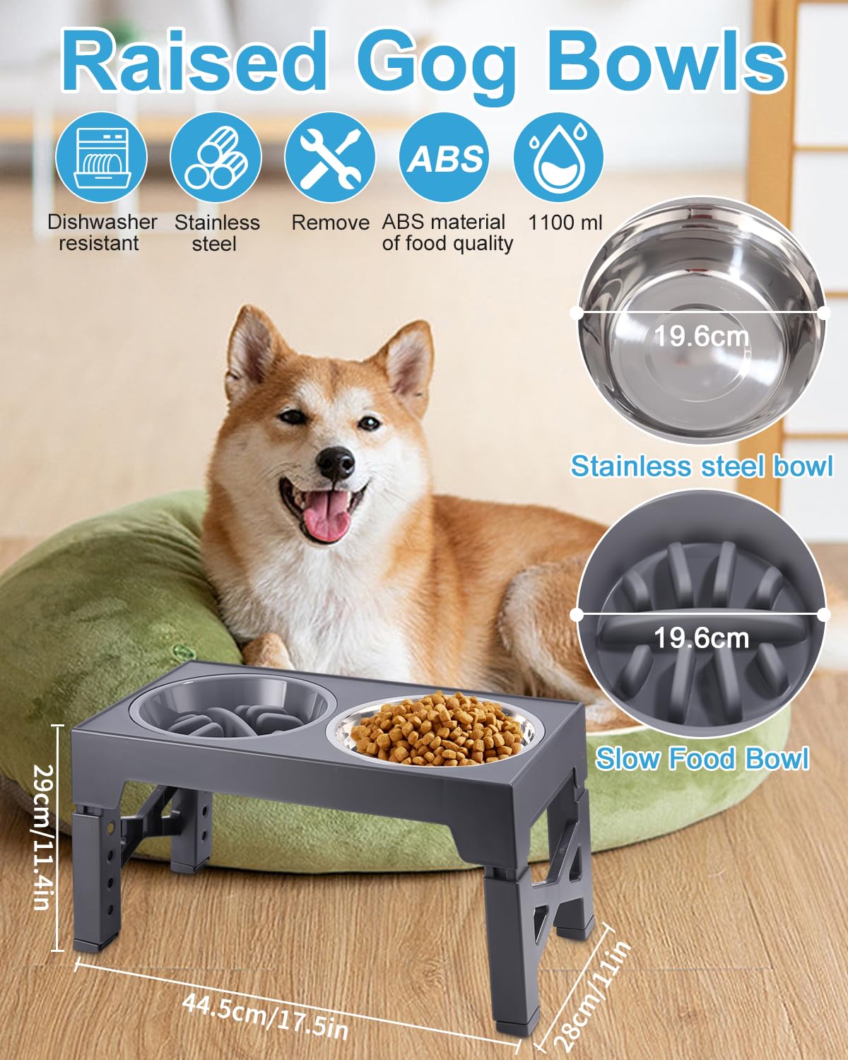 Toaren Comedero Elevado para Perro - 5 Alturas Ajustables, 2 Cuencos de Acero Inoxidable, Antivoracidad - para Perros Pequeños, Medianos y Grandes