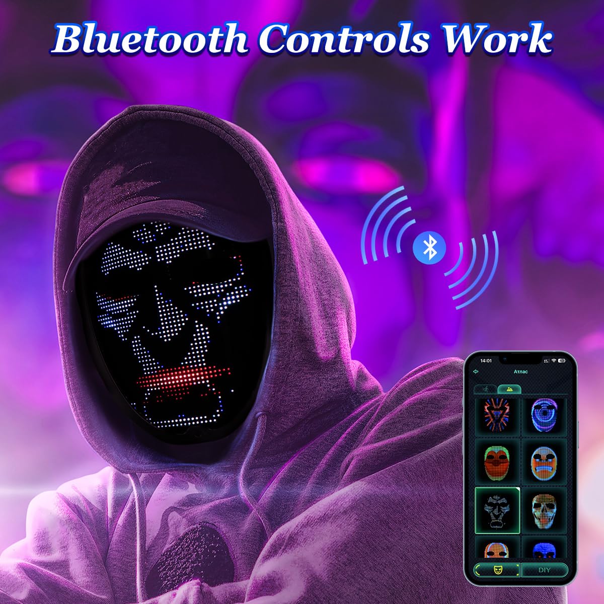Máscara Facial LED Luminosa, Máscara LED Recargable Con Modos De Transformación Facial Con Detección De Gestos, Soporte De Control APP Para iOS Android, Adecuada Para Disfraces De Cosplay Halloween