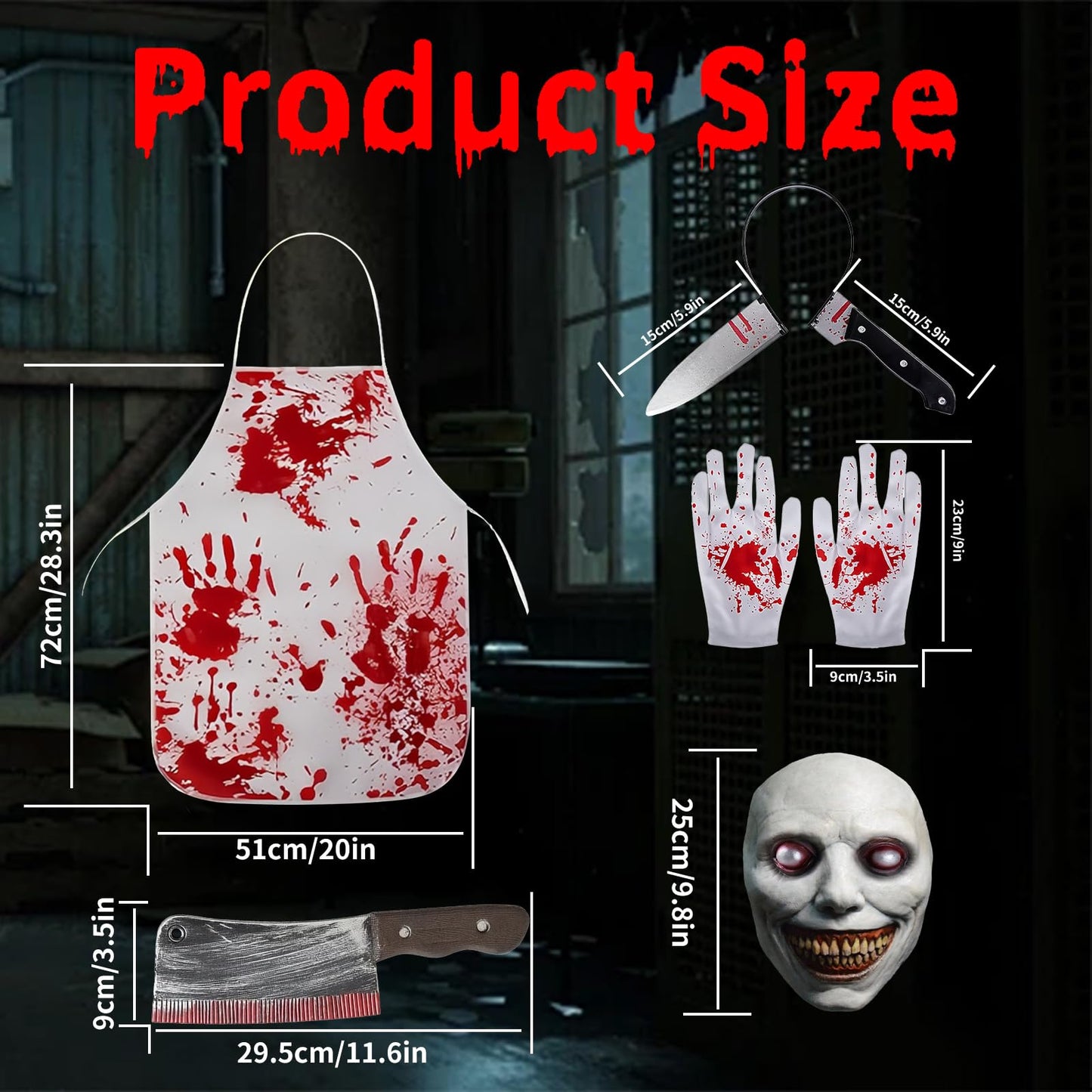 Disfraz 5 Piezas Halloween Hombre Adulto, Ensangrentado Disfraces Terroríficos para Halloween con Delantal Halloween Cuchillo Falsos Máscara Diadema Cuchillo para Adultos Cosplay Fotos Fiesta