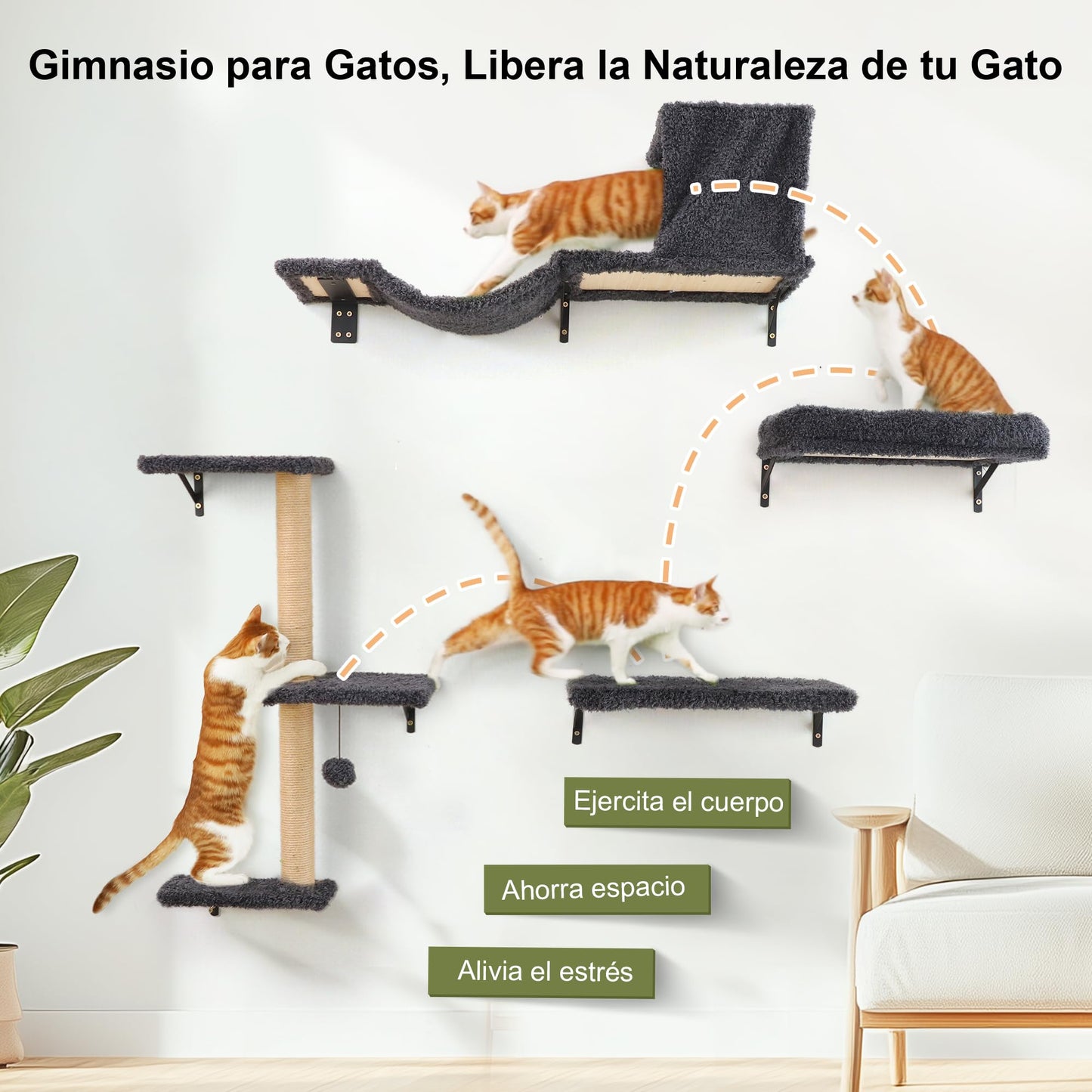 FUKUMARU Set de Pared de Escalada para Gatos, 4 Piezas - Estanterías de Pared, Hechas de Placas Multicapa Fuertes, Puente para Gatos, Árbol para Gatos, Escaleras para Gatos hasta 18 kg, Gris