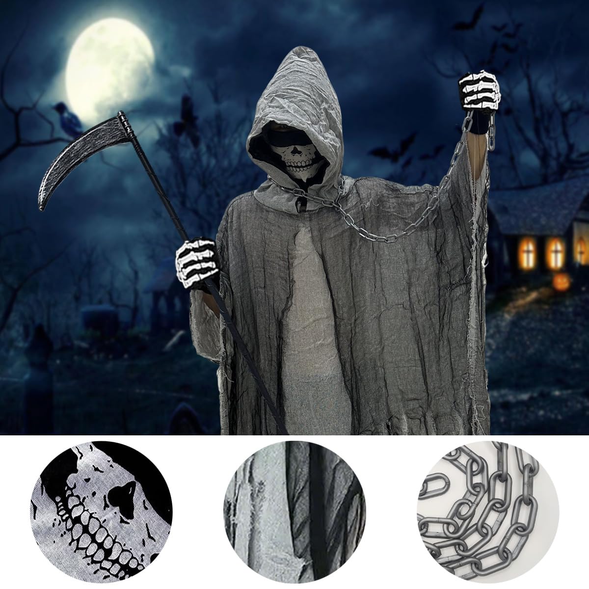 Disfraz de Parca,Disfraz de Parca para Halloween,Halloween Disfraz de Segador,Máscara de Esqueleto, Guantes y Hoz,Cadena,Ideal para Fiesta de Halloween, Carnaval y Cosplay (Gris)