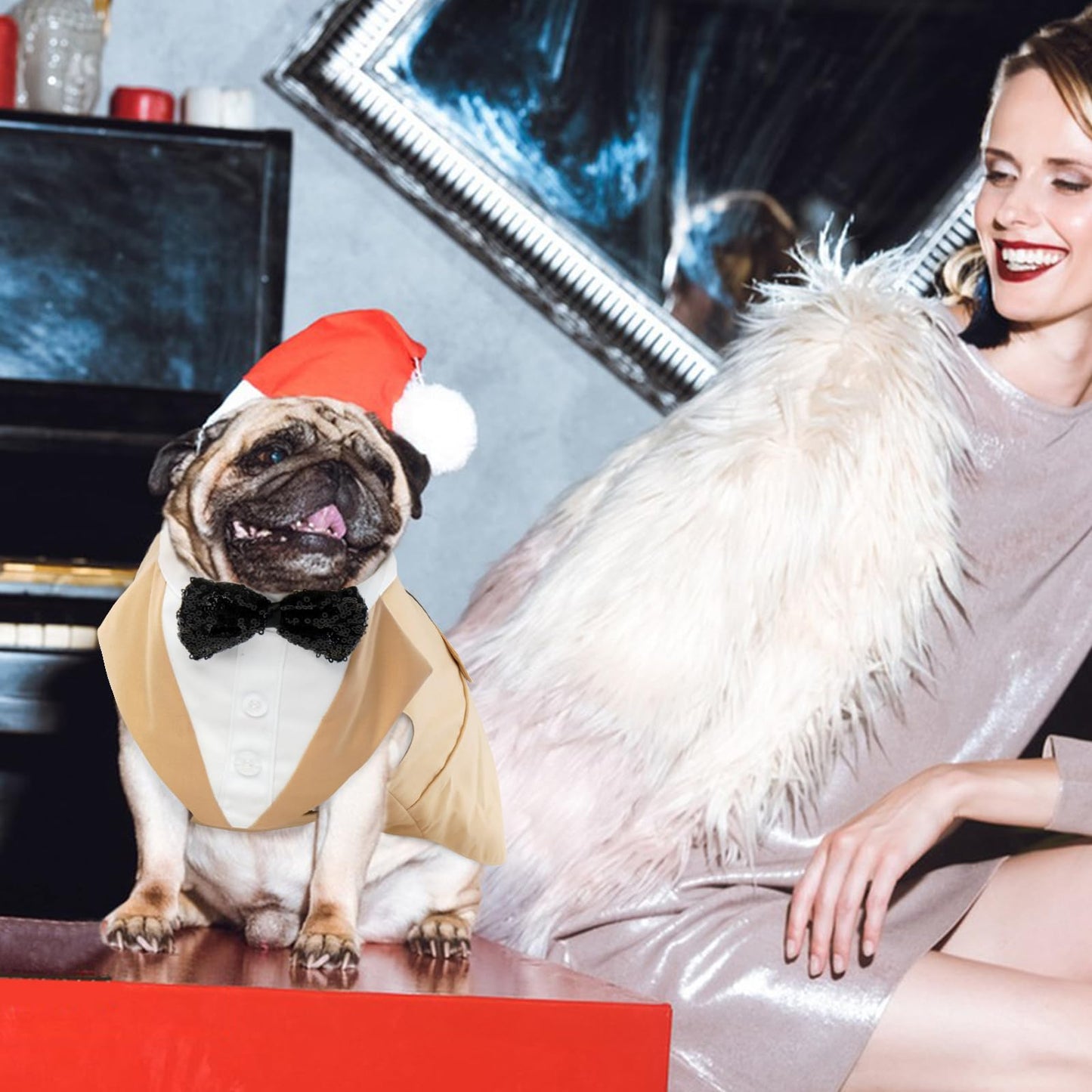 Disfraz Smoking para Perros, Traje de Esmoquin con Lazo Perros Camisa para Cachorros Traje de Perro para Boda Fiesta Ropa Navidad Perro Grande(Champán, XL)