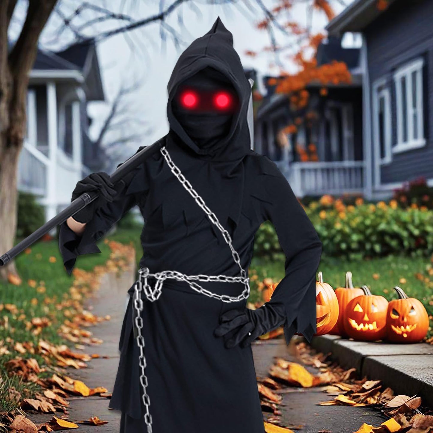 Disfraz Halloween Niño Muerte, Disfraz de la Muerte niño, Incluye Gafas Luminosas + Guadaña de la Muerte + Vadena + Guantes, Adecuado Para niños de 5 a 14 años