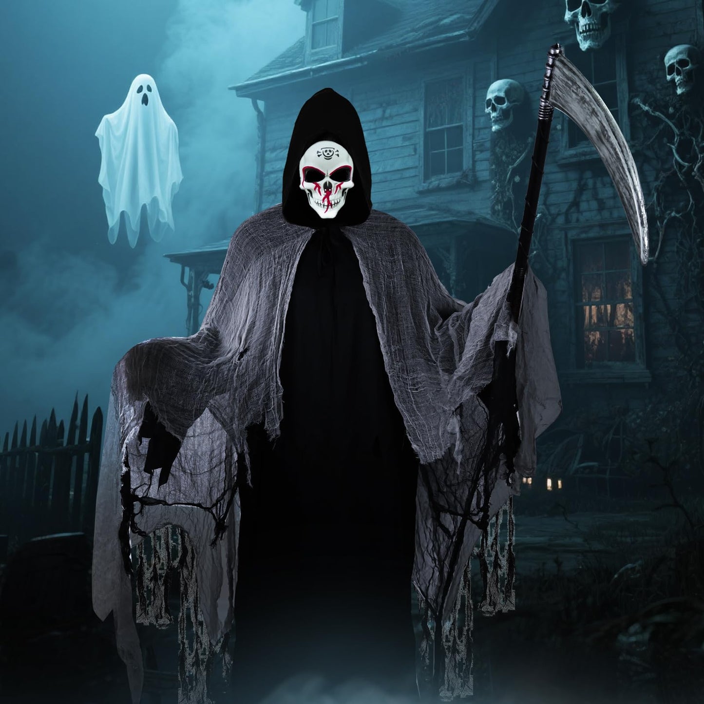 Disfraz de Parca para Hombre, Costume da Fantasma per Halloween con Máscara y Pegatinas, Disfraz Miedo Adulto Nero, Costume Espeluznante per Halloween, Carnevale, Festa di Hallowee,Cosplay