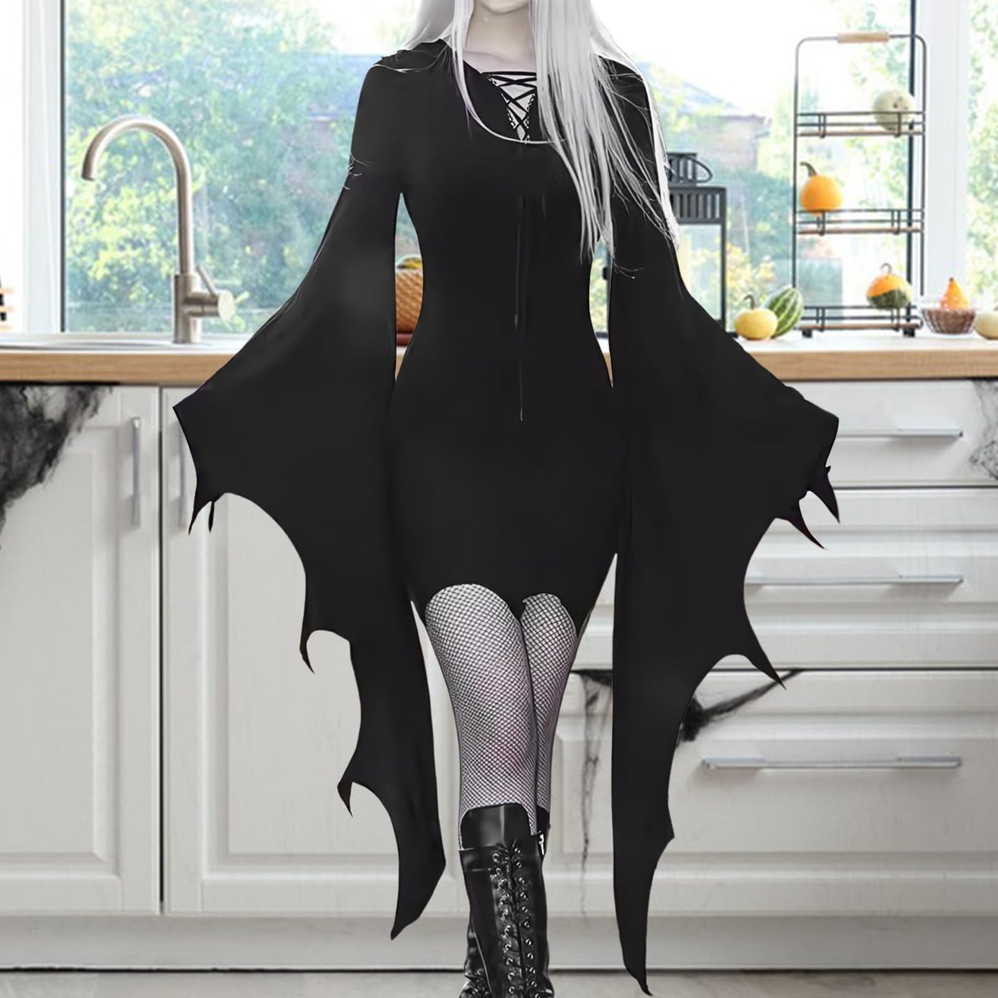 Disfraz Vestido De Murciélago Mujer,Vestido De Ala De Murciélago De Halloween | Ropa de disfraz de murciélago de Halloween - de disfraz de para mujer, vestido gótico con cordones y manga de