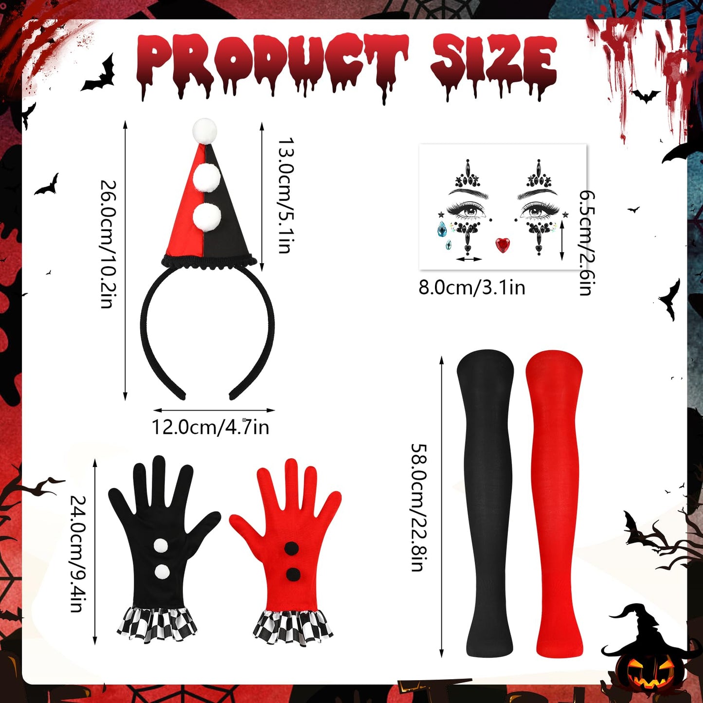 Disfraz Payaso Mujer Halloween, 5 pcs Diadema Arlequin Gemas Faciales Guantes Calcetines Altos Falda Tutú, Clown Costume Disfraz Arlequin Mujer Disfraces Halloween Carnaval Carnaval Fiesta de Cosplay