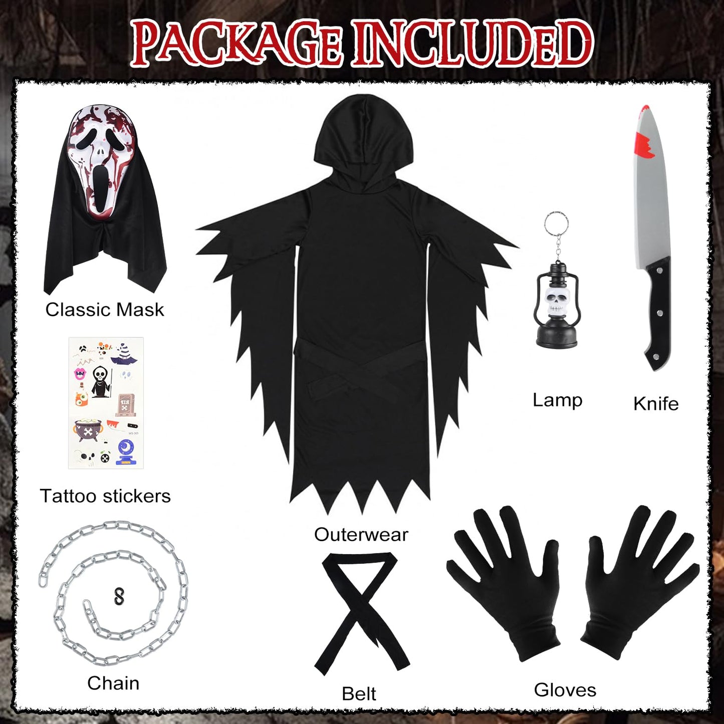 Disfraz Scream para Niños Halloween Scream Costume con Máscara Ghostface y Cuchillo de Juguete Sangriento, Disfraces Halloween de la Película de Terror (100)