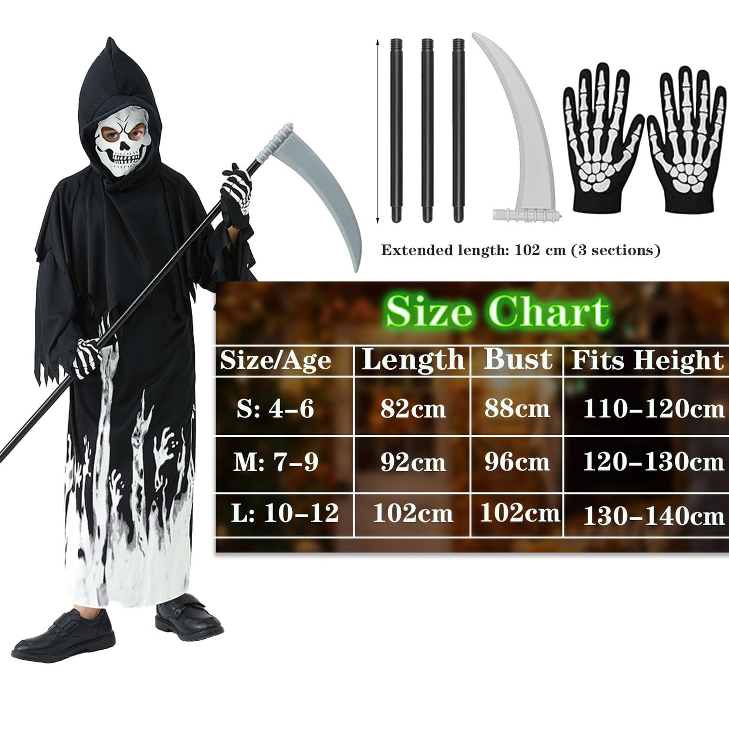 AEYAKA Disfraz Infantil Grim Reaper que Brilla en la Oscuridad, Capucha Negra con Máscara de Calavera, Guantes, Guadaña para Niños Niñas, Traje de Fantasma Terrorífico Cosplay Halloween Regalos S