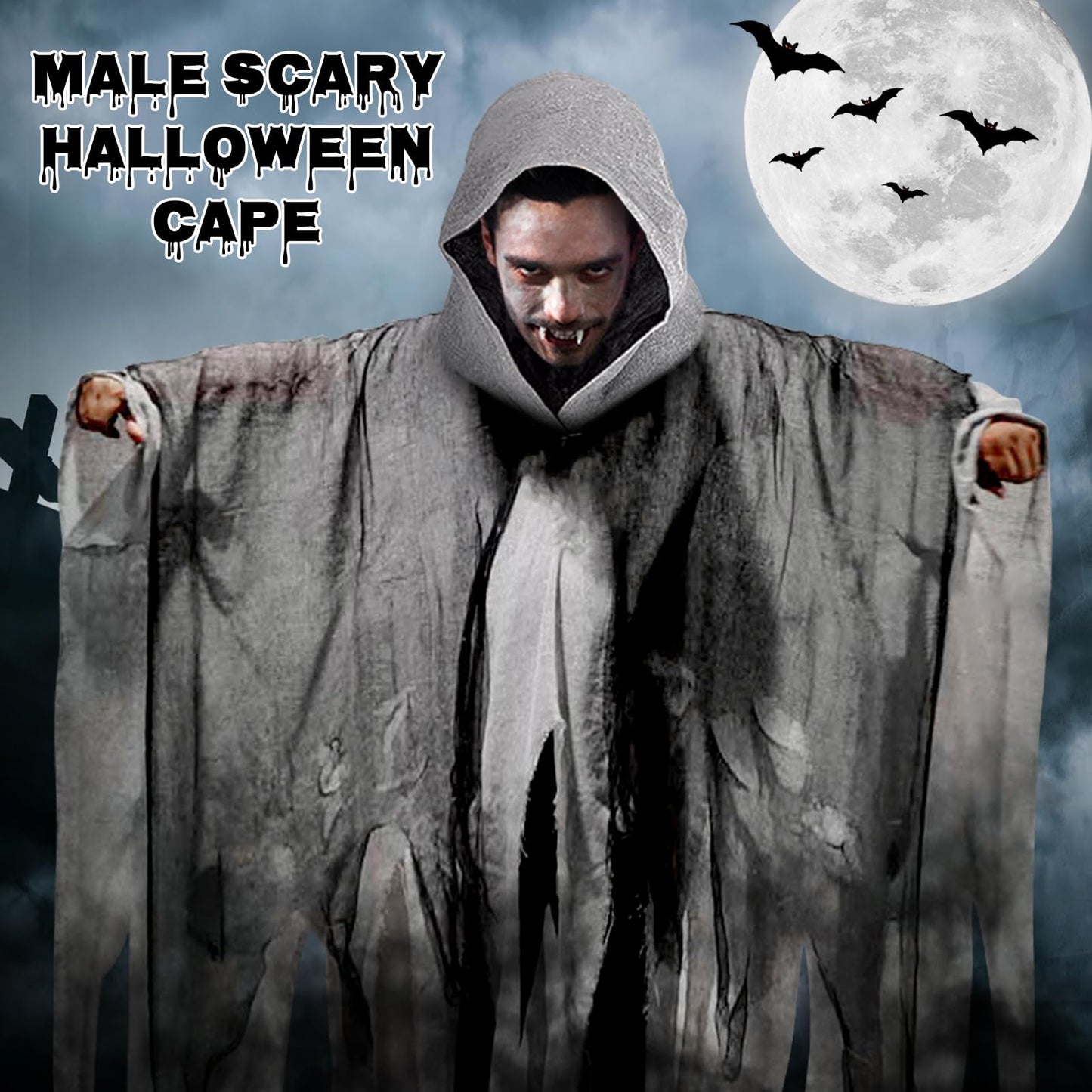 Disfraz Halloween Hombre Terror: Fantasma Costume Halloween Capa con Capucha - Disfraz Grim Reaper Bruja Fantasma para Adulto Hombre Mujer (Gris)