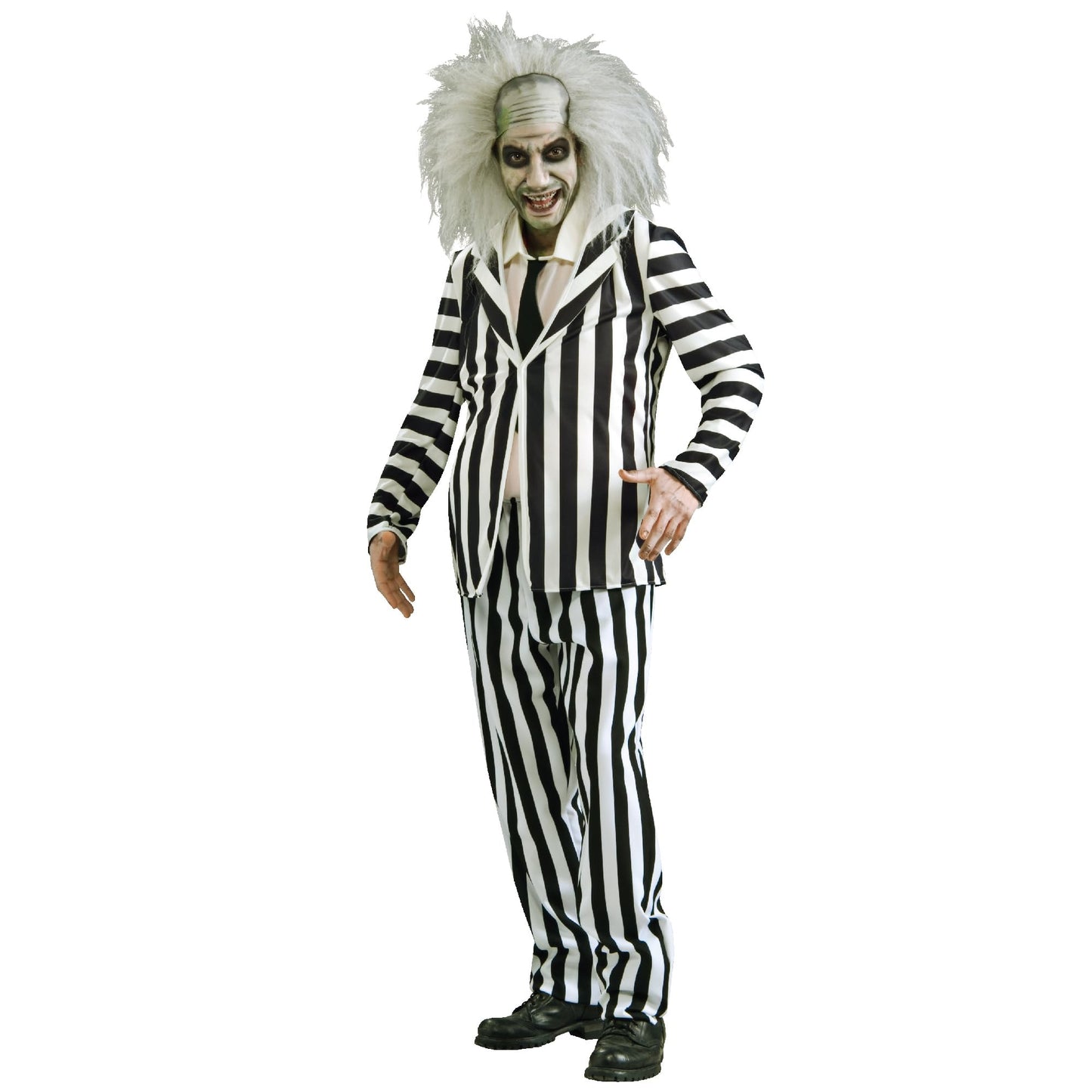 Disfraz Beetlejuice para hombre, Traje completo con chaqueta, pantalón y corbata, Licencia Oficial Beetlejuice, Talla Estándar, Terror, Tim Burton para Halloween, Carnaval, Fiestas y Cosplay