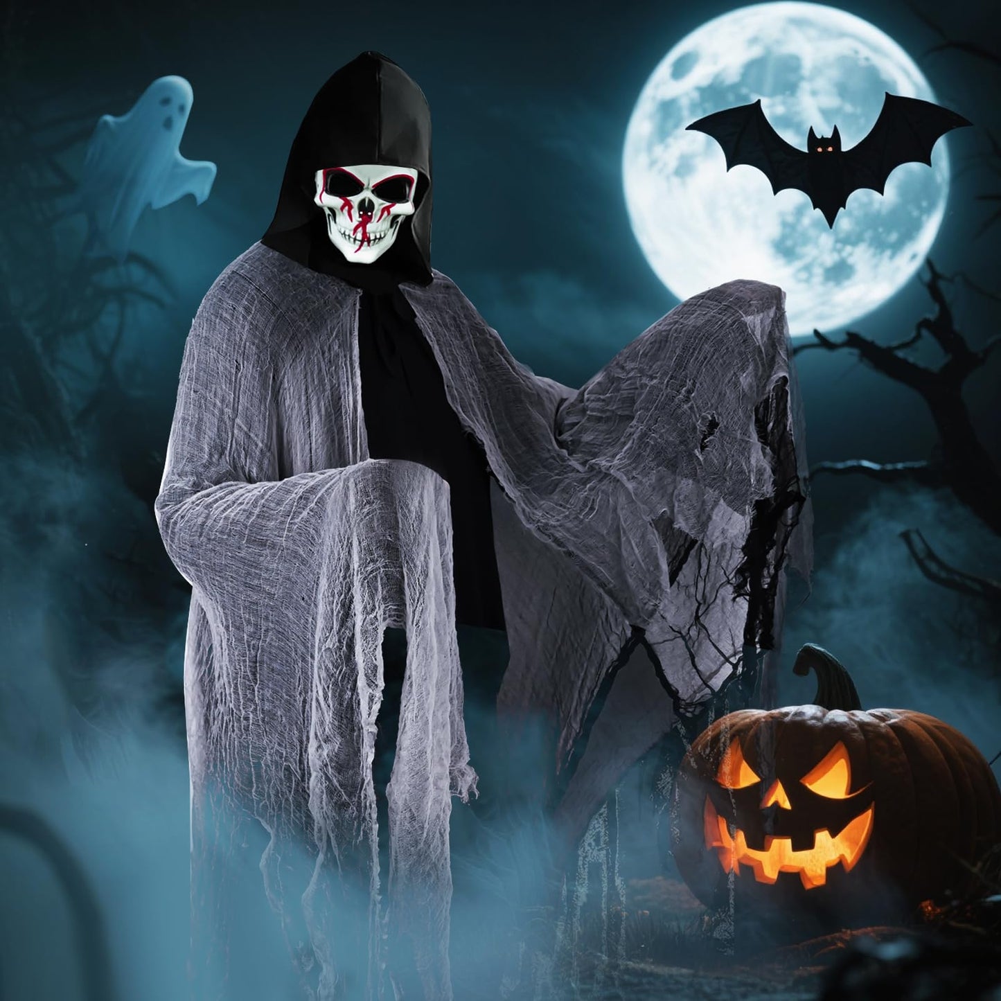 Disfraz de Parca para Hombre, Costume da Fantasma per Halloween con Máscara y Pegatinas, Disfraz Miedo Adulto Nero, Costume Espeluznante per Halloween, Carnevale, Festa di Hallowee,Cosplay