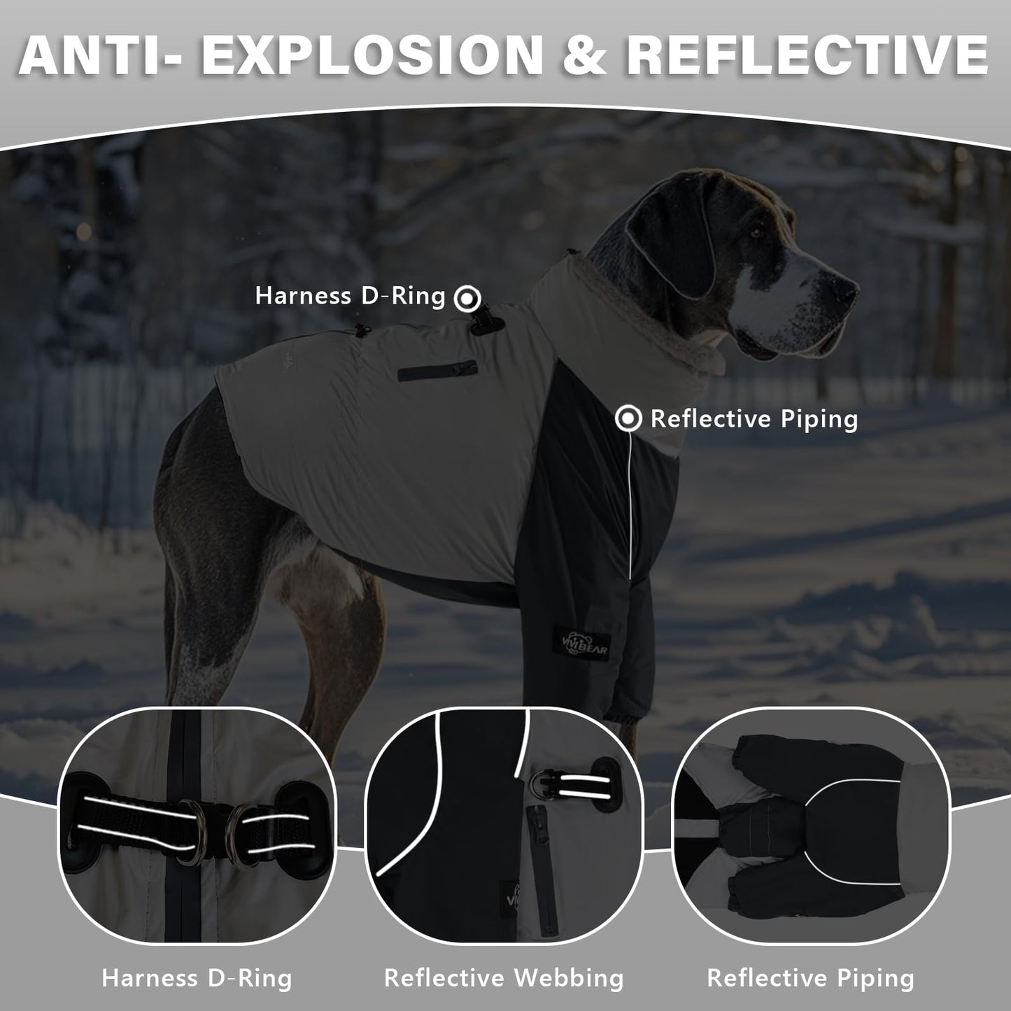 Abrigo para Perros de Invierno, Impermeable, Resistente al Viento, Con Forro de Terciopelo, Arnés, Hebilla de Anillo en D, Cordón Ajustable y Cremalleras Reflectantes
