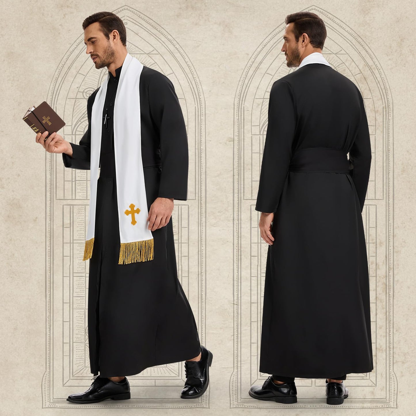 Disfraz Cura Hombre, Disfraz Halloween Hombre Adulto, Disfraz de Cura Hombre con Estola, Cadena con Cruz, Cinturón y Caja para Guardar la Biblia para Halloween Carnaval Cosplay (L)