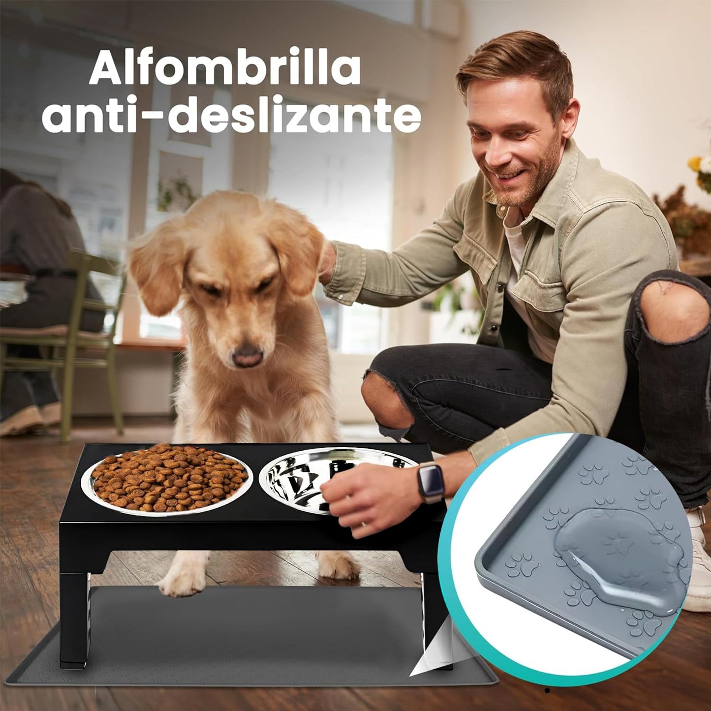 NOVARKA® Mega Comedero Perro Elevado con 5 Alturas | Incluye Bebedero de Acero Inoxidable y Comedero Perro Antivoracidad | Kit Premium Que Incluye Alfombra Antideslizante y Pala Carga Pienso