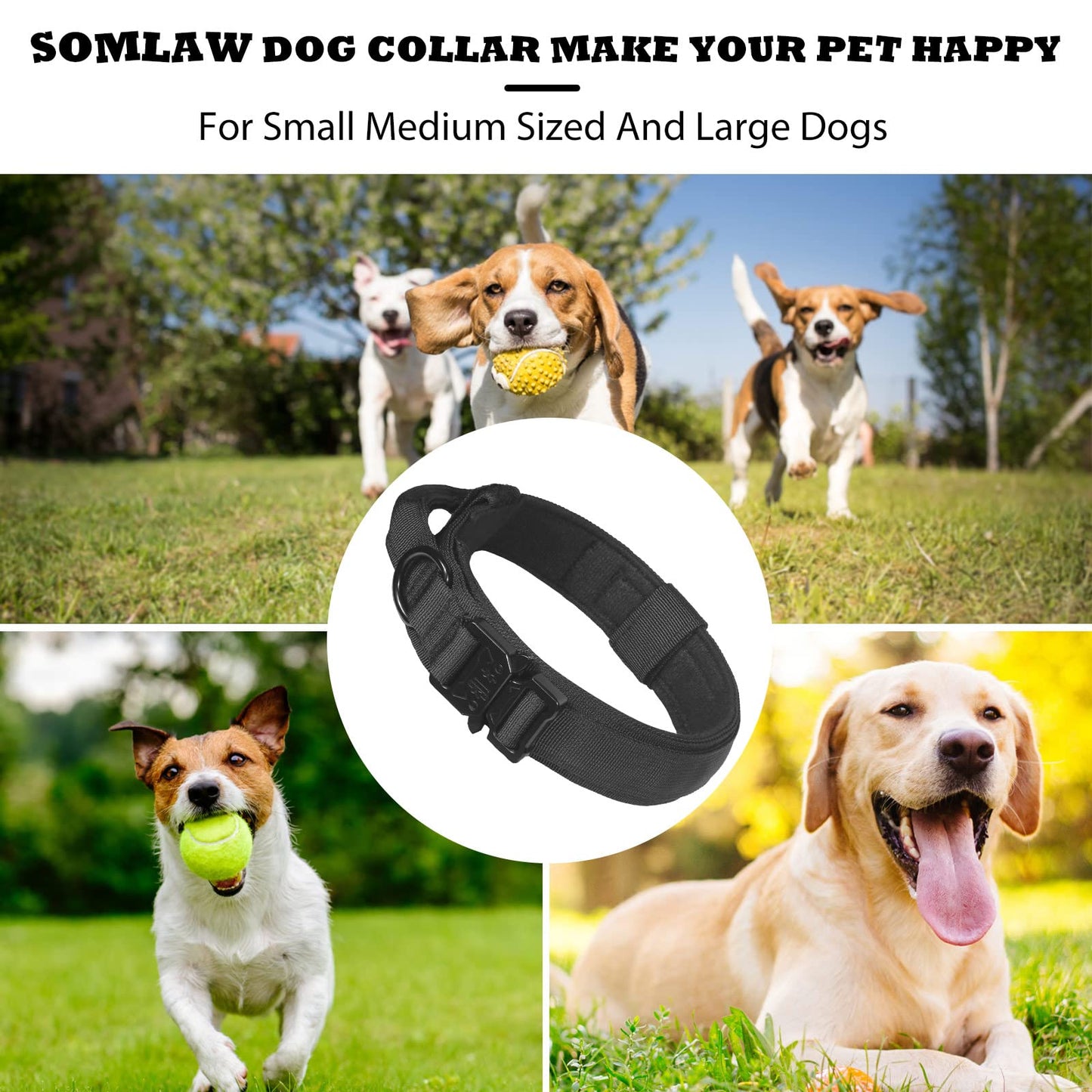Collar para Perros con Asa y Hebilla de Metal - Táctico, Impulsivo y Fuerte Prevención de Tirones - Ajustable (Negro, L)