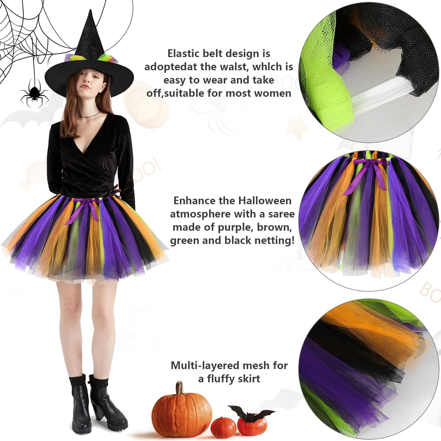 Disfraz Bruja Mujer,Neon Falda Tutú Gorro Bruja y Medias Disfraces Halloween Witch Costume Adulto Disfraces Carnaval Cosplay
