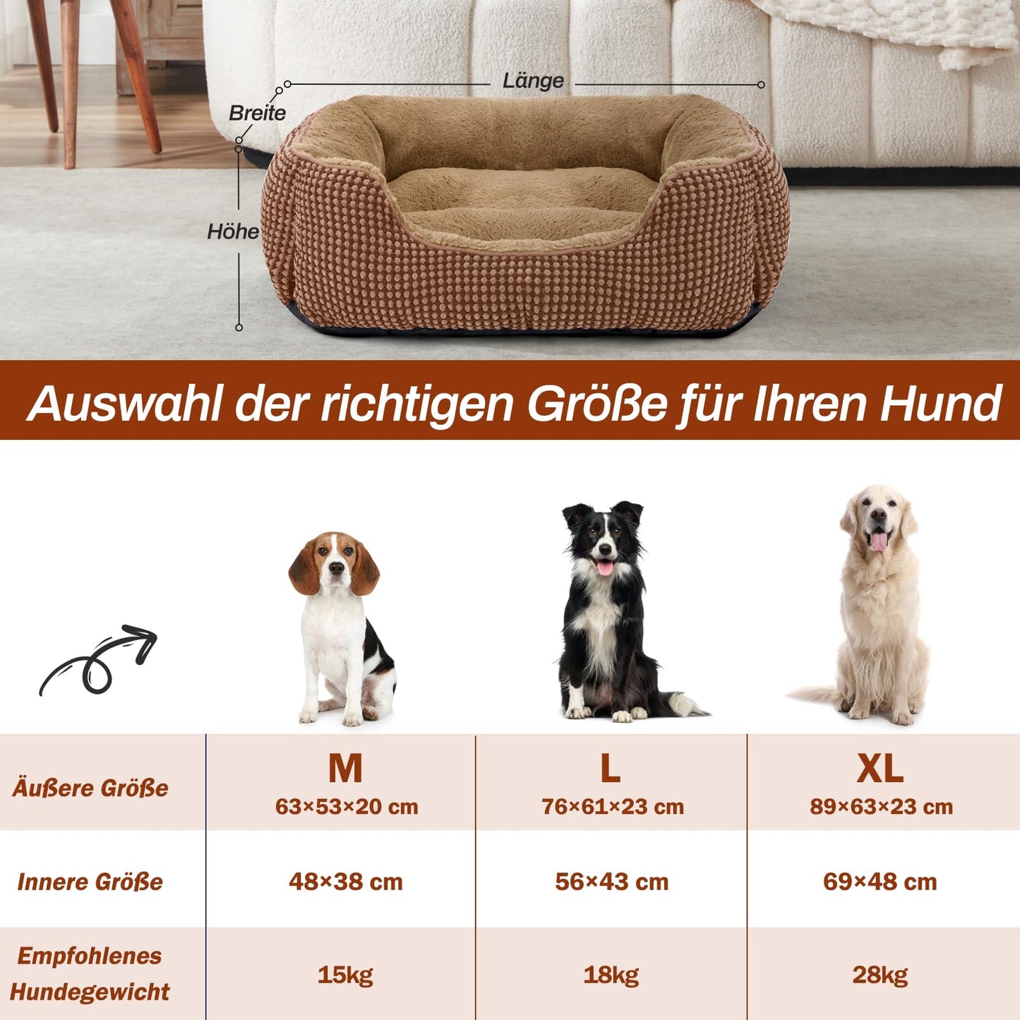Cama Perro, Cama Perros Medianos Lavable Esponjoso, Camas Perros Antideslizante Ansiolítico, 63x53x20cm