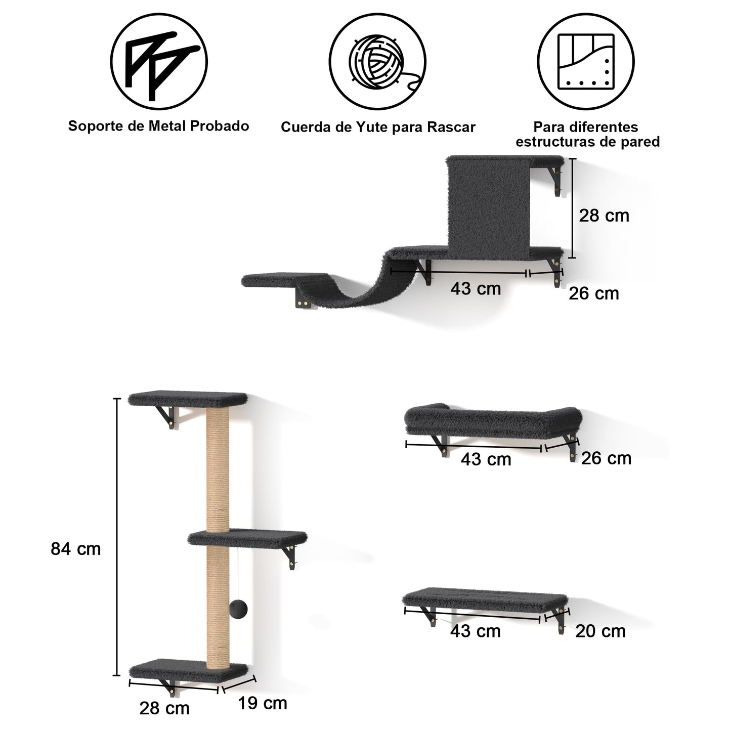 FUKUMARU Set de Pared de Escalada para Gatos, 4 Piezas - Estanterías de Pared, Hechas de Placas Multicapa Fuertes, Puente para Gatos, Árbol para Gatos, Escaleras para Gatos hasta 18 kg, Gris