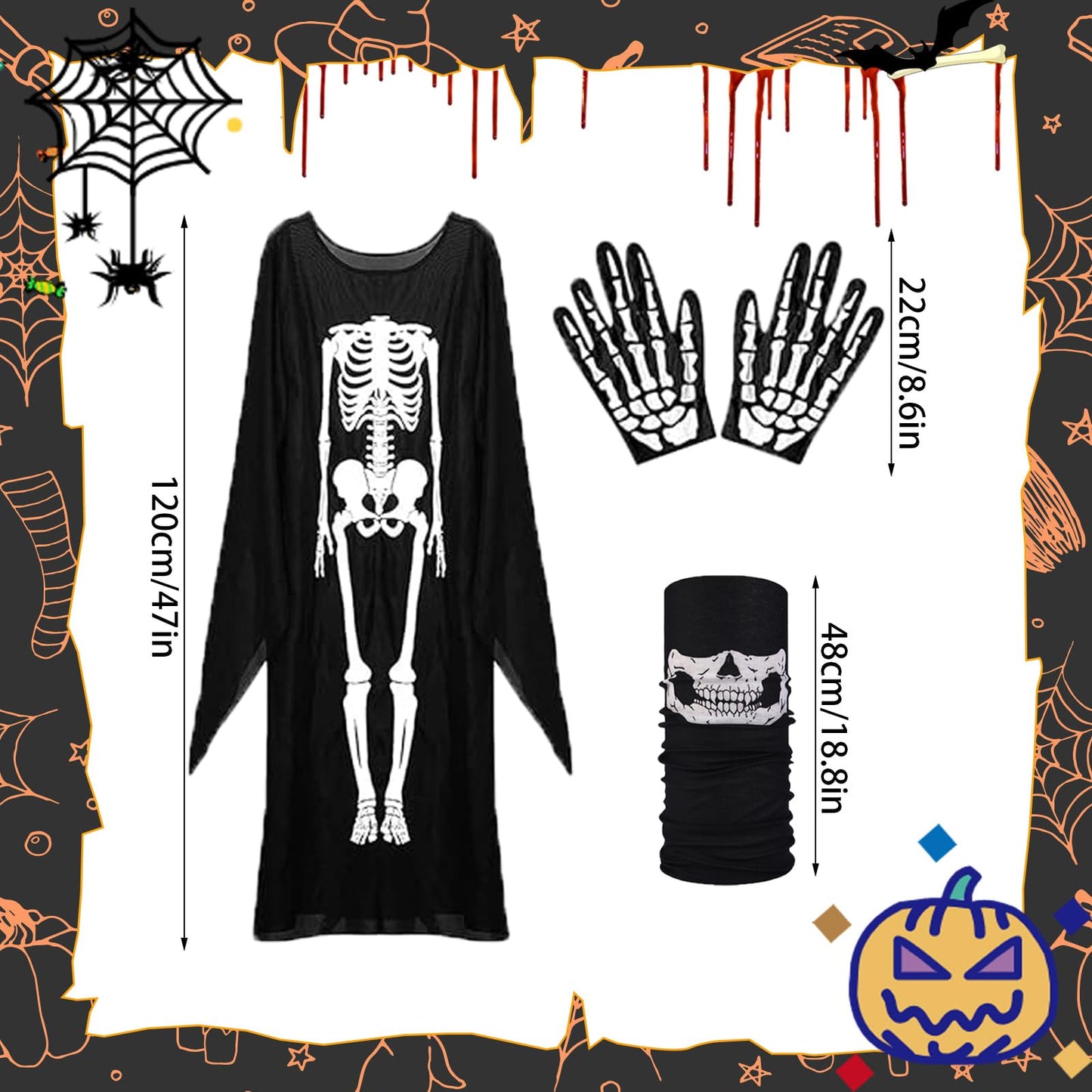 Disfraz con Guantes y Máscara Disfraz Esqueleto Mujer Terror disfrazs halloween hombre Ligero para Carnavales Casas Embrujadas Obras Teatro Cosplay Accesorios Fotografía