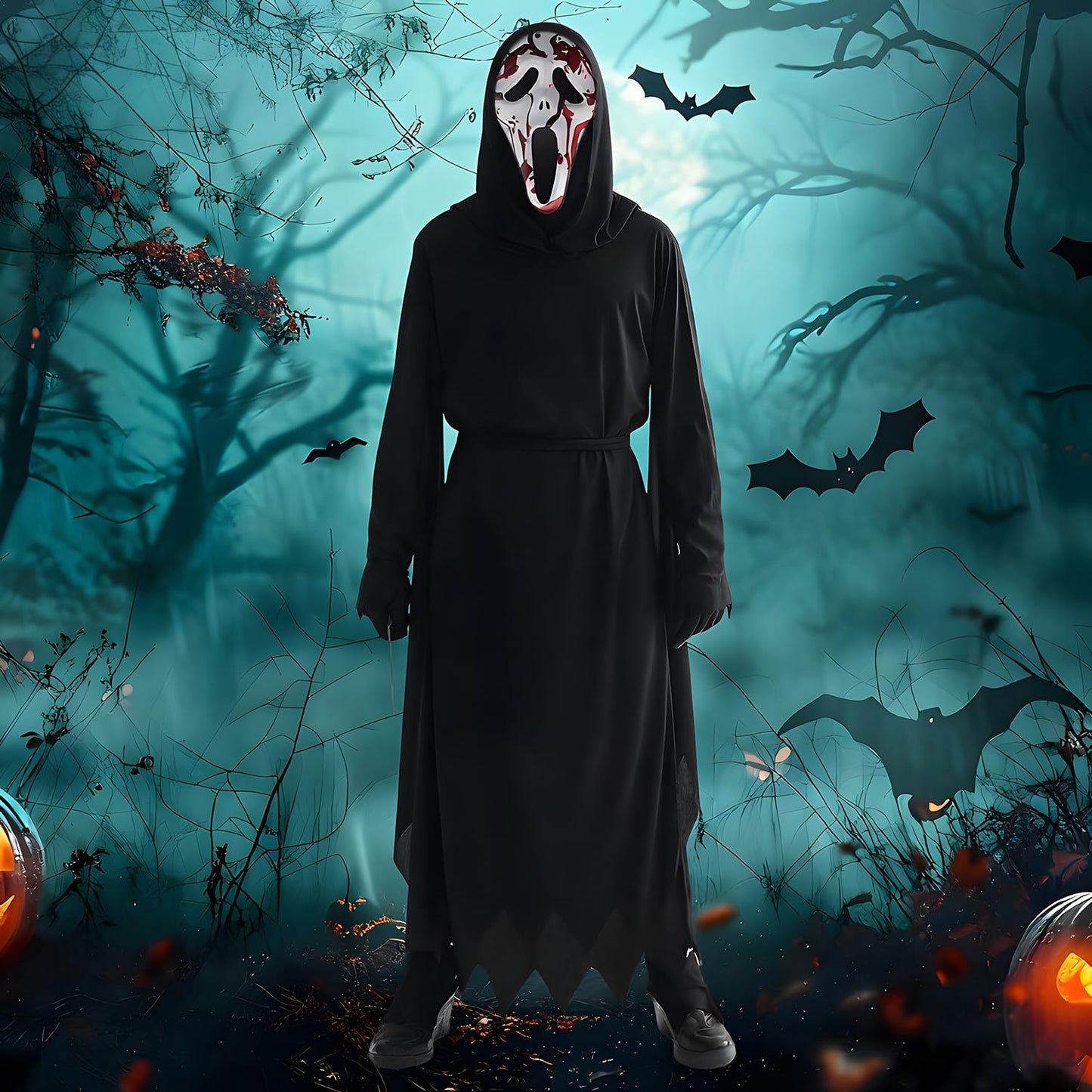 Disfraz Scream para Niños Halloween Scream Costume con Máscara Ghostface y Cuchillo de Juguete Sangriento, Disfraces Halloween de la Película de Terror (100)