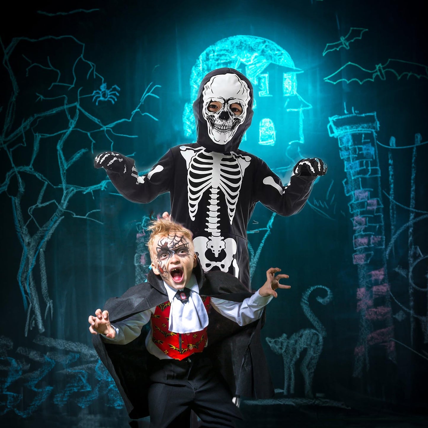 Disfraz de Esqueleto para Niños que Brilla en la Oscuridad Niño Niña Halloween Terrorífico Body con Capucha de Esqueleto Guantes,3/5 Años