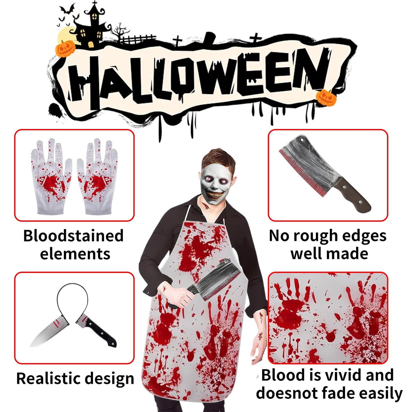 Disfraz 5 Piezas Halloween Hombre Adulto, Ensangrentado Disfraces Terroríficos para Halloween con Delantal Halloween Cuchillo Falsos Máscara Diadema Cuchillo para Adultos Cosplay Fotos Fiesta