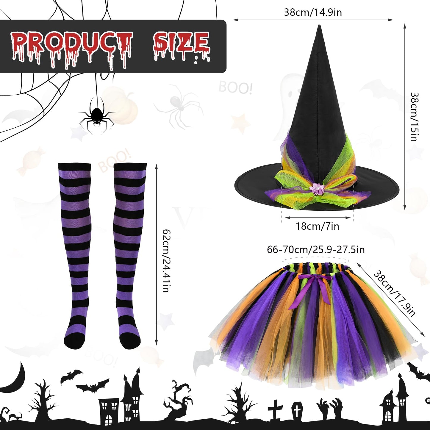 Disfraz Bruja Mujer,Neon Falda Tutú Gorro Bruja y Medias Disfraces Halloween Witch Costume Adulto Disfraces Carnaval Cosplay