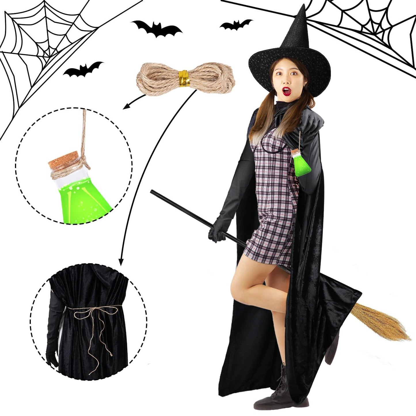 Halloween Disfraz Mujer Sombrero De Bruja Capa 170 cm Escoba Guantes Bruja Para Botella Poción Halloween Disfraz Fiesta Temática Disfraces Diablo Mujer