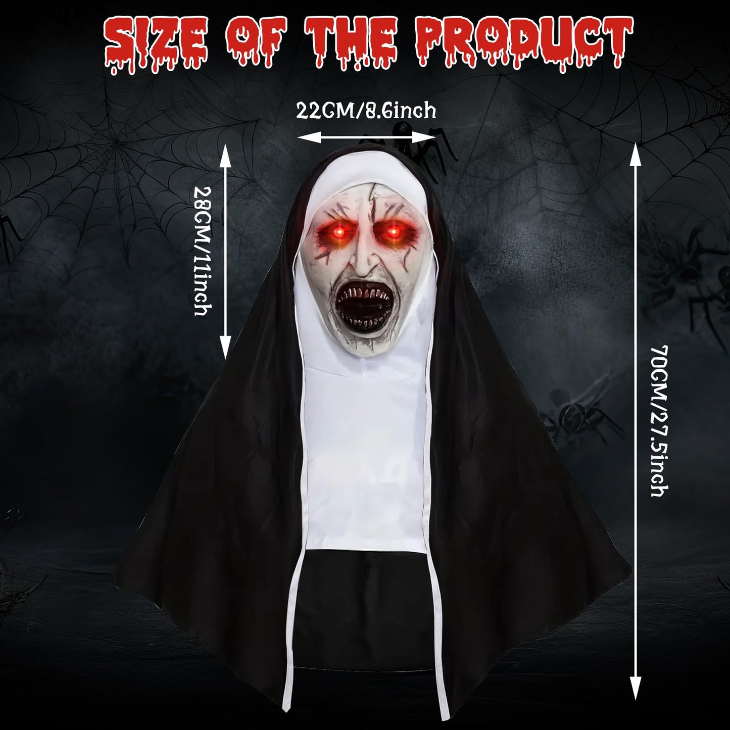 Disfraz Mascara la Monja, Mascara de la Monja Terror con Luz Roja, Mascara Latex Halloween, Adulto, Accesorios de Disfraz de Fiesta Cosplay de Halloween
