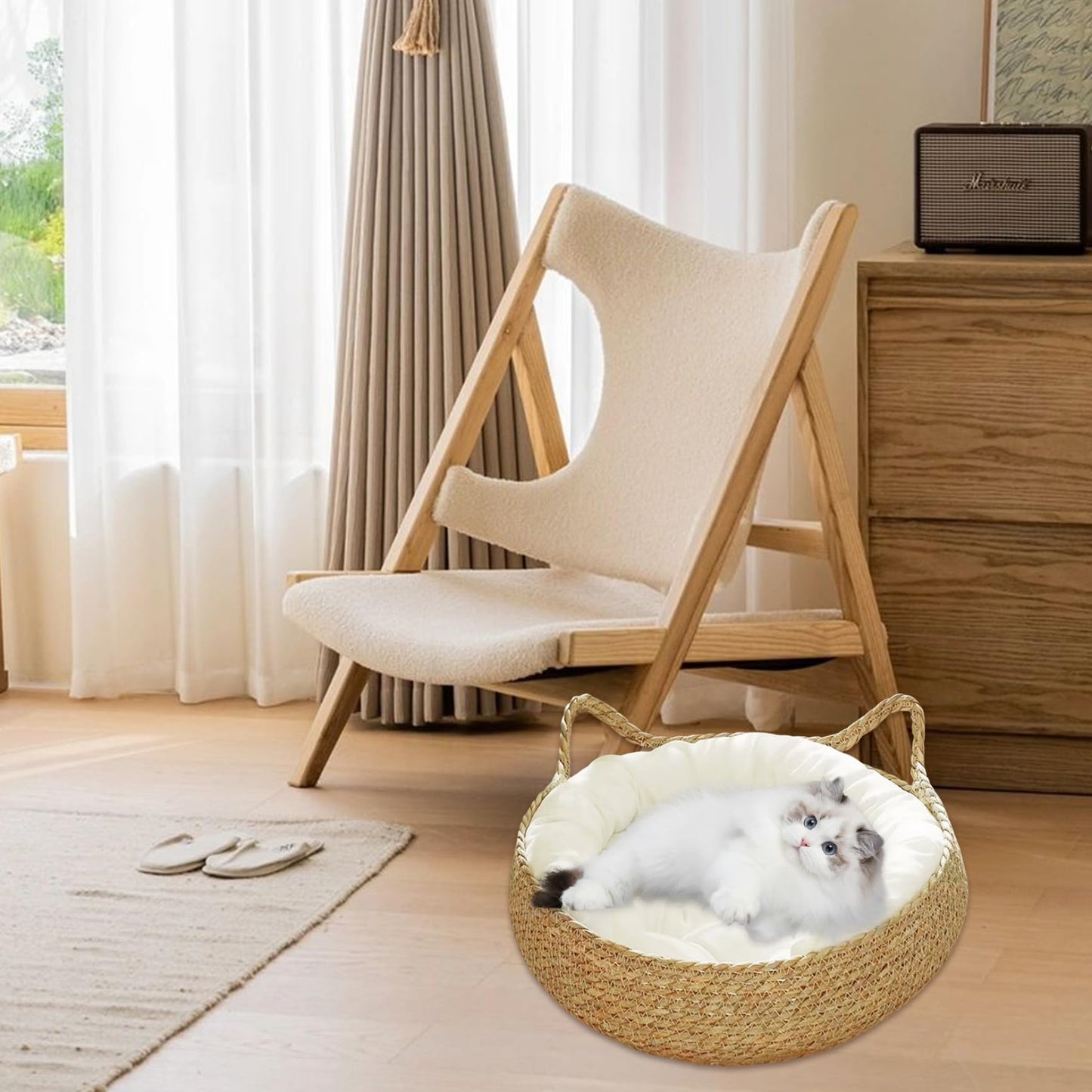 Cama de Gato, Cama de cestas de Gato Tejidas de 15 Pulgadas con cojín Suave, Nido de Cesta de Gato de Mimbre Redondo, Cama de Gatito Acogedor sin Deslizamiento para Gatos pequeños Perros