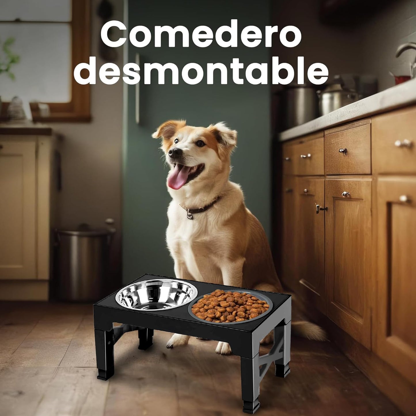 NOVARKA® Mega Comedero Perro Elevado con 5 Alturas | Incluye Bebedero de Acero Inoxidable y Comedero Perro Antivoracidad | Kit Premium Que Incluye Alfombra Antideslizante y Pala Carga Pienso