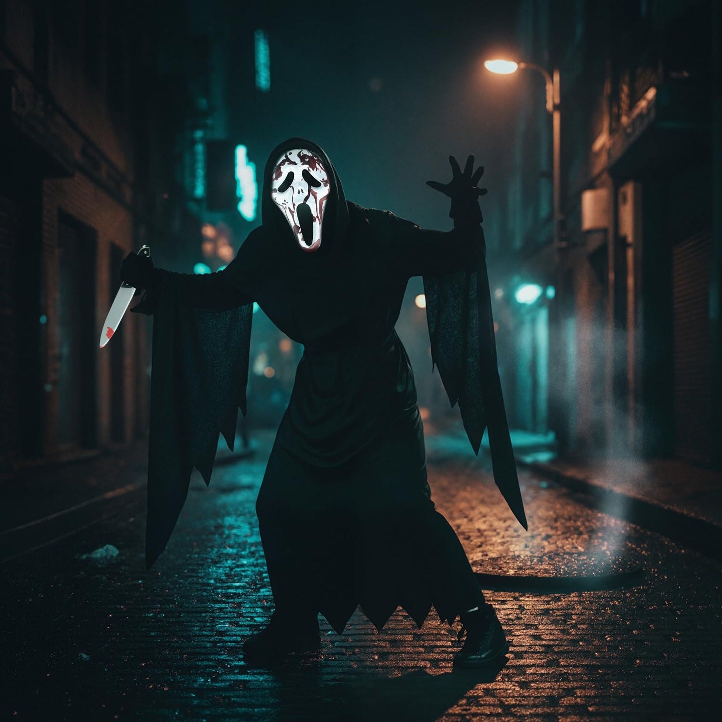 Disfraz Scream para Niños Halloween Scream Costume con Máscara Ghostface y Cuchillo de Juguete Sangriento, Disfraces Halloween de la Película de Terror (100)