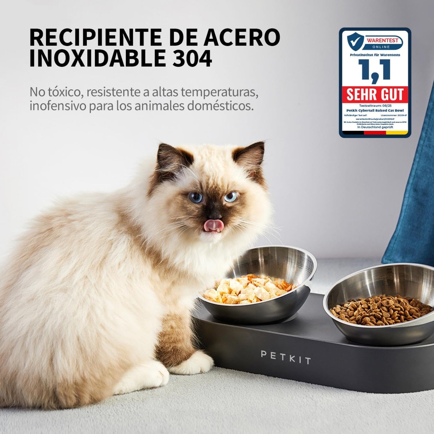 PETKIT CYBERTAIL Cuenco Elevado e Inclinado de Acero Inoxidable, Cuenco de alimentación Antideslizante sin derrames, para Gatos y Perros pequeños