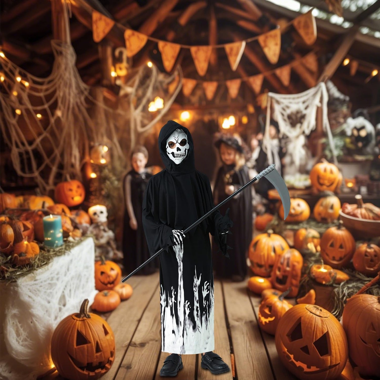 AEYAKA Disfraz Infantil Grim Reaper que Brilla en la Oscuridad, Capucha Negra con Máscara de Calavera, Guantes, Guadaña para Niños Niñas, Traje de Fantasma Terrorífico Cosplay Halloween Regalos S