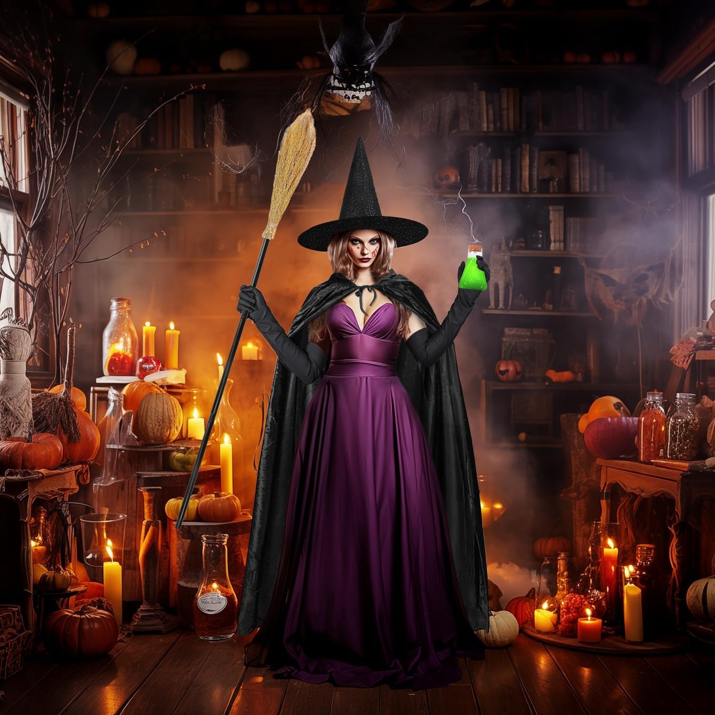 Halloween Disfraz Mujer Sombrero De Bruja Capa 170 cm Escoba Guantes Bruja Para Botella Poción Halloween Disfraz Fiesta Temática Disfraces Diablo Mujer