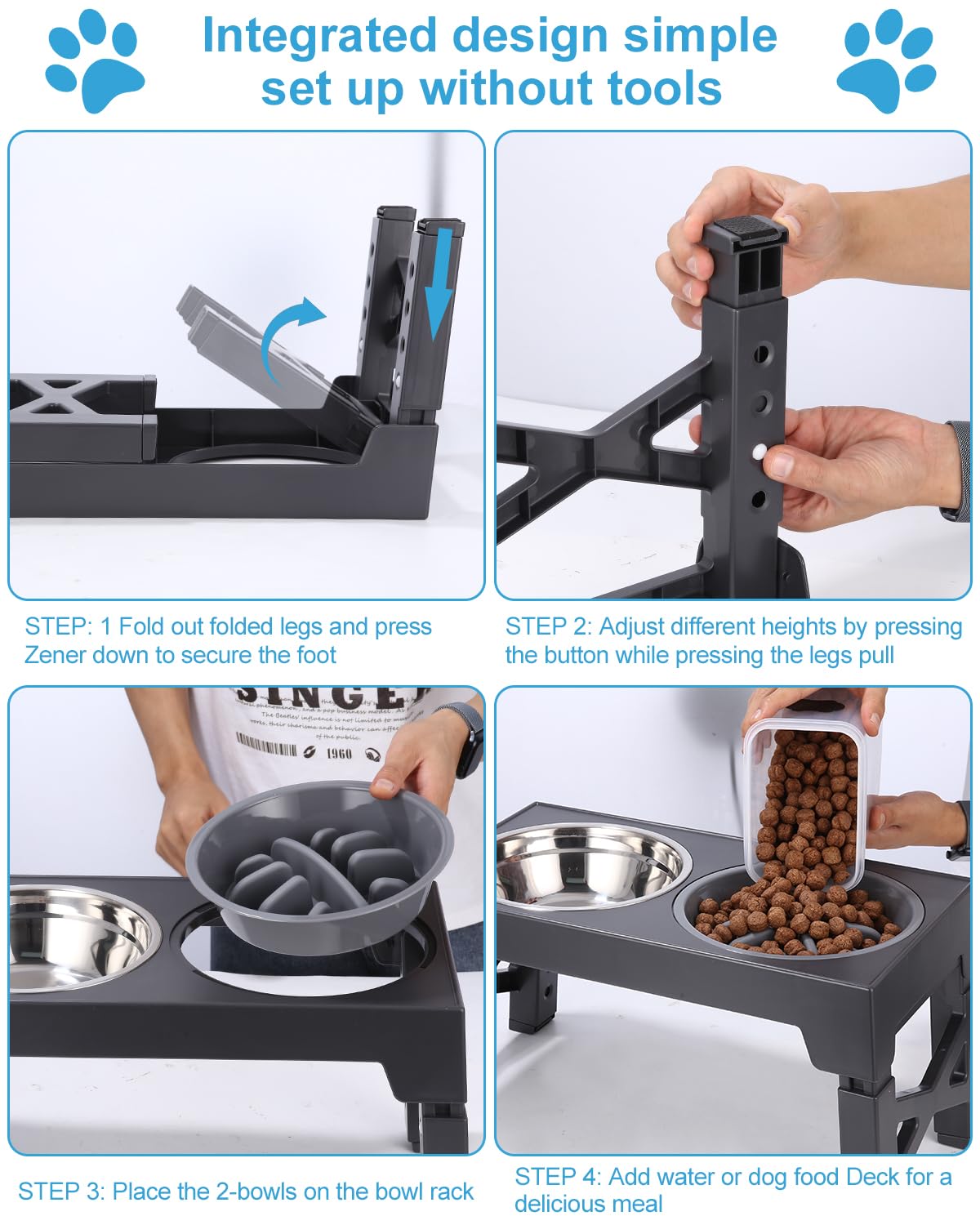 Toaren Comedero Elevado para Perro - 5 Alturas Ajustables, 2 Cuencos de Acero Inoxidable, Antivoracidad - para Perros Pequeños, Medianos y Grandes