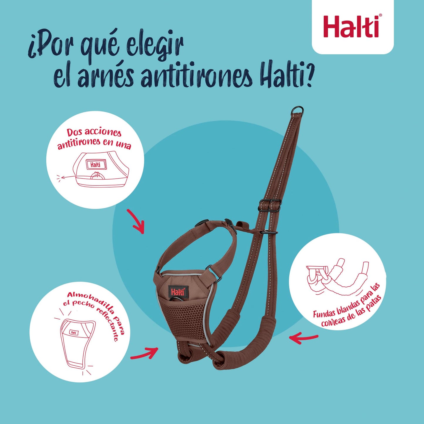 Arnés anti tirones HALTI - Para evitar que tu perro tire de la correa, Ajustable, Ligero y Fácil de Usar. Reflexiva Adiestramiento canino Arnés para perros medianos (Talla M, Nogal Intenso)