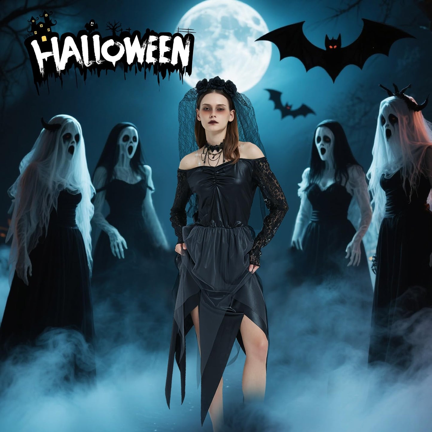 Disfraz de Novia Zombie Mujer, Disfraz de Novia Cadaver, Vestido de Novias Fantasma con Velo y Collar, Vestido Halloween de Mujer, Traje Novias Muerta para Halloween Carnaval Cosplay (M)
