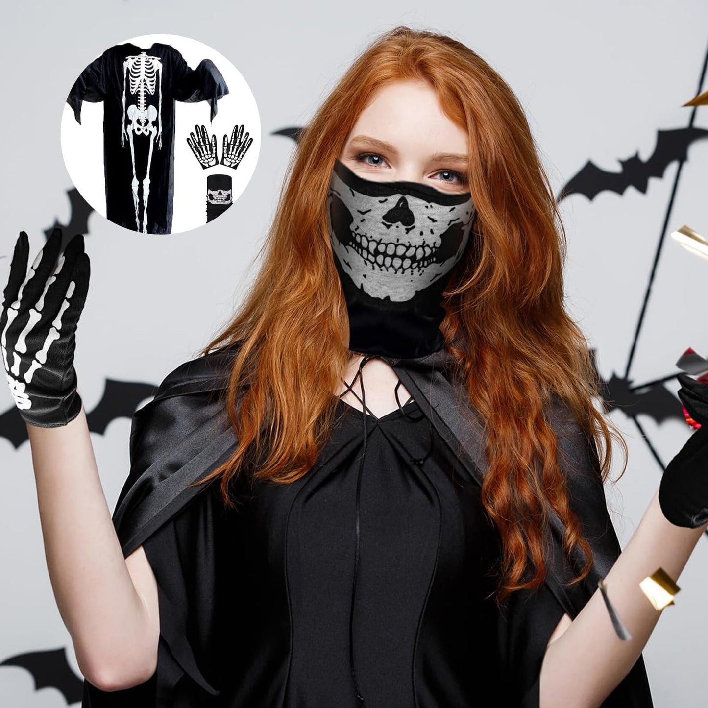 Disfraz con Guantes y Máscara Disfraz Esqueleto Mujer Terror disfrazs halloween hombre Ligero para Carnavales Casas Embrujadas Obras Teatro Cosplay Accesorios Fotografía