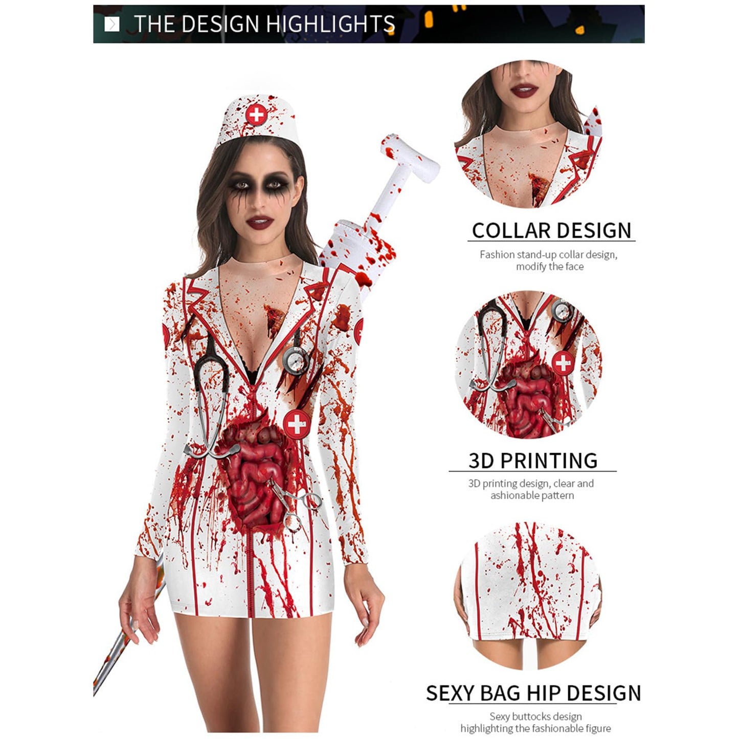 Disfraz de enfermera zombi, vestido, de Halloween, para mujer, blanco, M