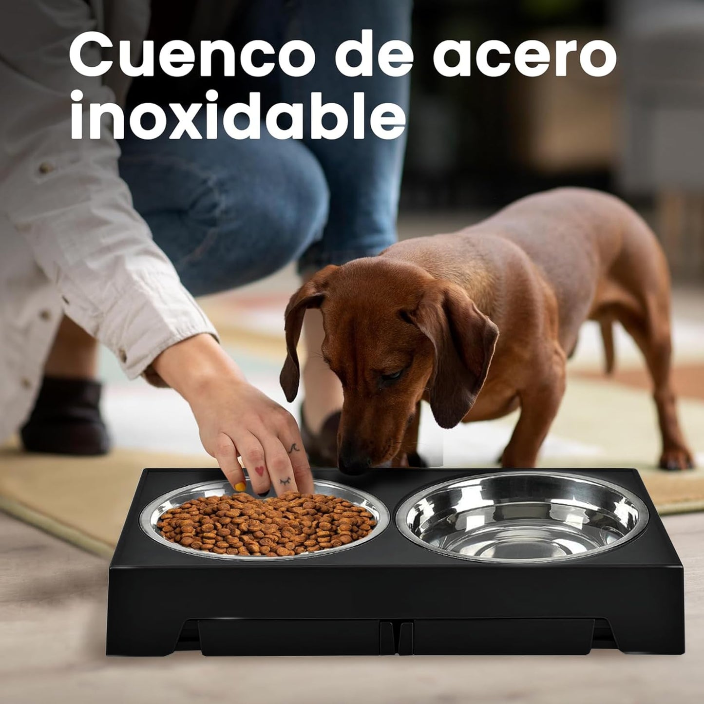 NOVARKA® Mega Comedero Perro Elevado con 5 Alturas | Incluye Bebedero de Acero Inoxidable y Comedero Perro Antivoracidad | Kit Premium Que Incluye Alfombra Antideslizante y Pala Carga Pienso