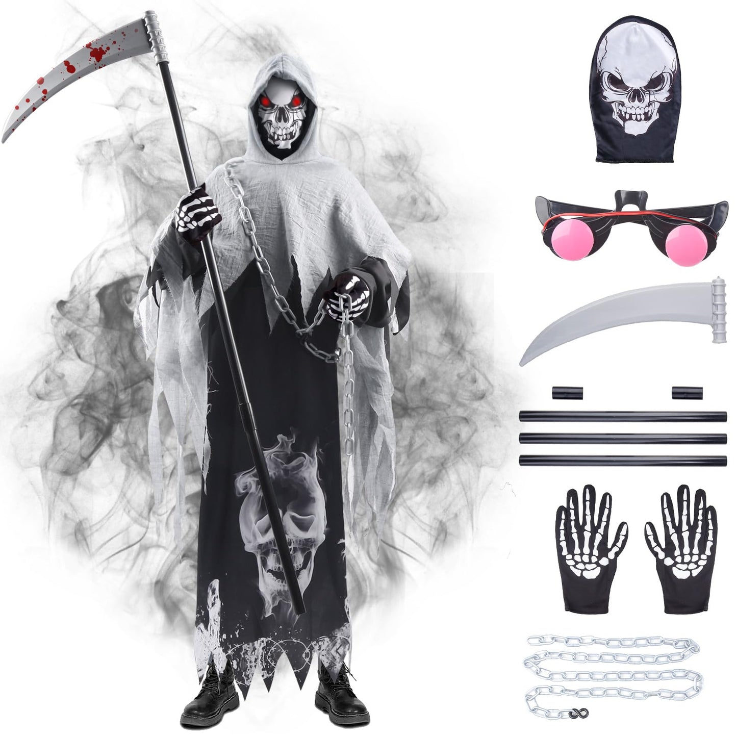 Disfraz de Parca, Muerte Niño, Halloween, Fantasma, Grim Reaper Con Sombrero, Guantes, Hoz, Guadaña para Carnaval Costume Cosplay