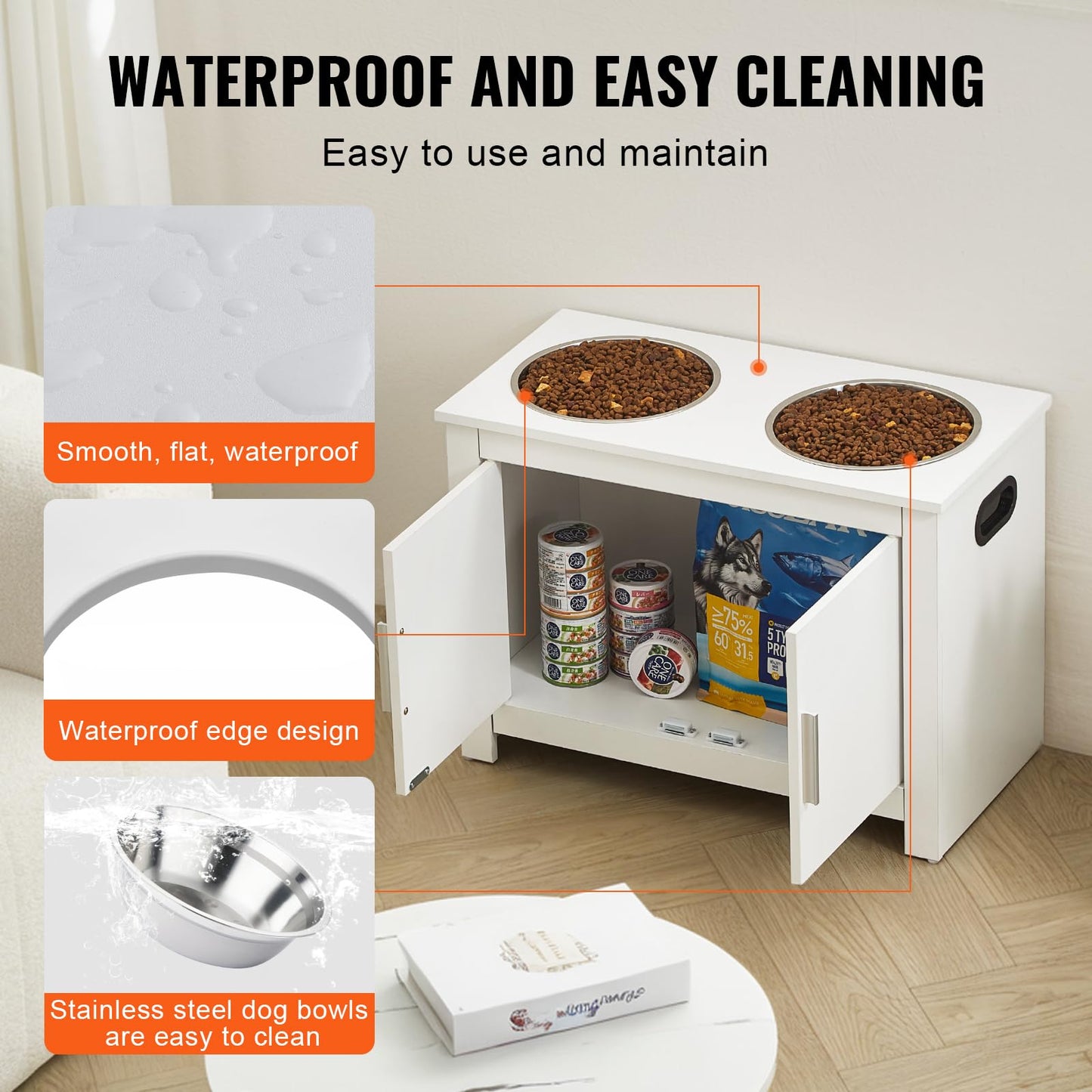 VEVOR Estación de Alimentación 60x30x44 cm Comedero Elevado para Perros con 2 Cuencos de Acero Inoxidable Armario de Madera para Comida para Mascotas con Puerta Doble para Perros Grandes, Blanco