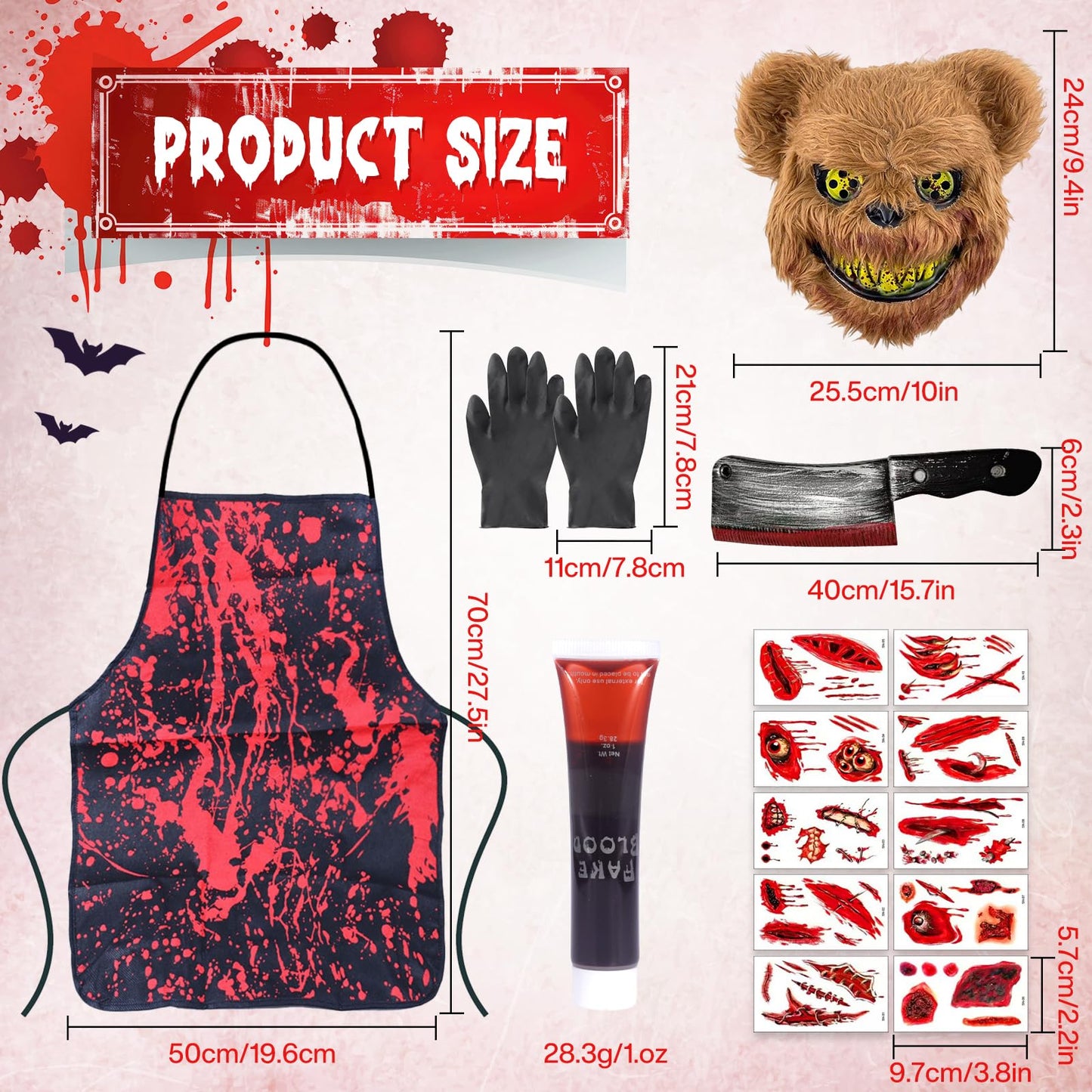 Disfraz Halloween Oso del Terror Disfraces, Disfraz de Oso de Terror, Mascara Halloween Oso, Delantal Sangriento, Sangre Falsa, Cuchillo, Guantes y Tatuaje de Cicatriz de Halloween Pegatinas