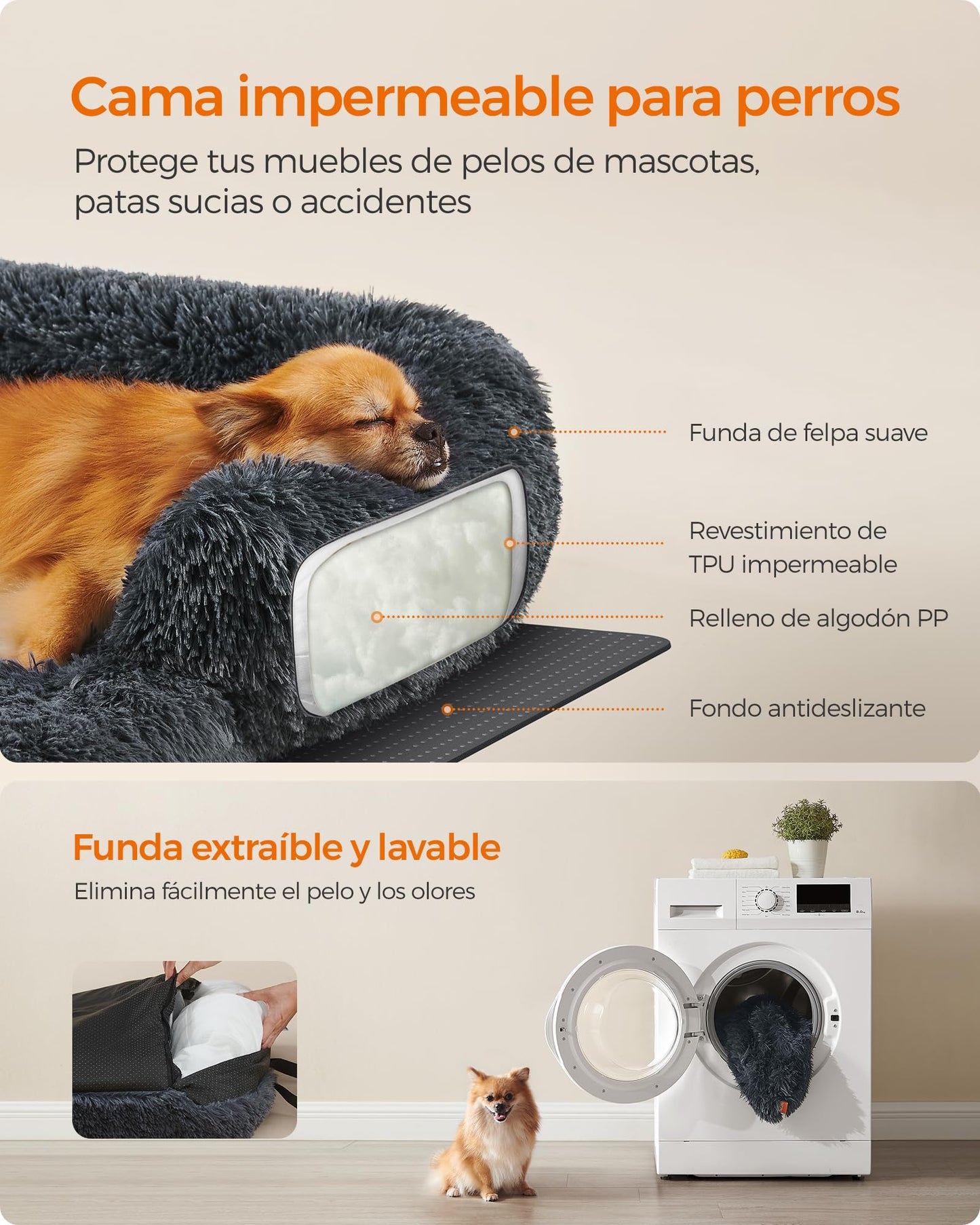 Feandrea FluffyHug Cama para Perros, Tela de Felpa, Alfombrilla, Funda Protectora para Sofá, Talla M, para Perros Pequeños y Medianos, 80 x 75 x 16 cm, Gris Oscuro PGW221G02
