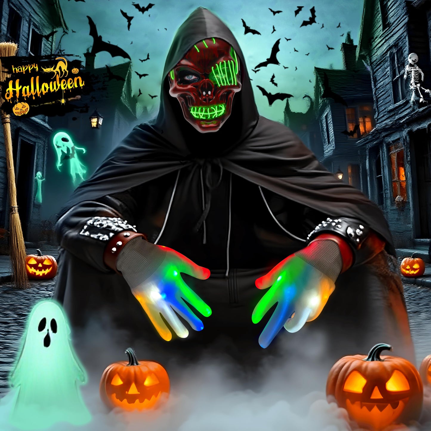 Disfraz Muerte Adulto, Disfraz Grim Reape con máscara de cráneo Guantes luminosos, Capa Negra con Capucha, Halloween Disfraz Hombre para Sensenmann Costume Cosplay Carnaval