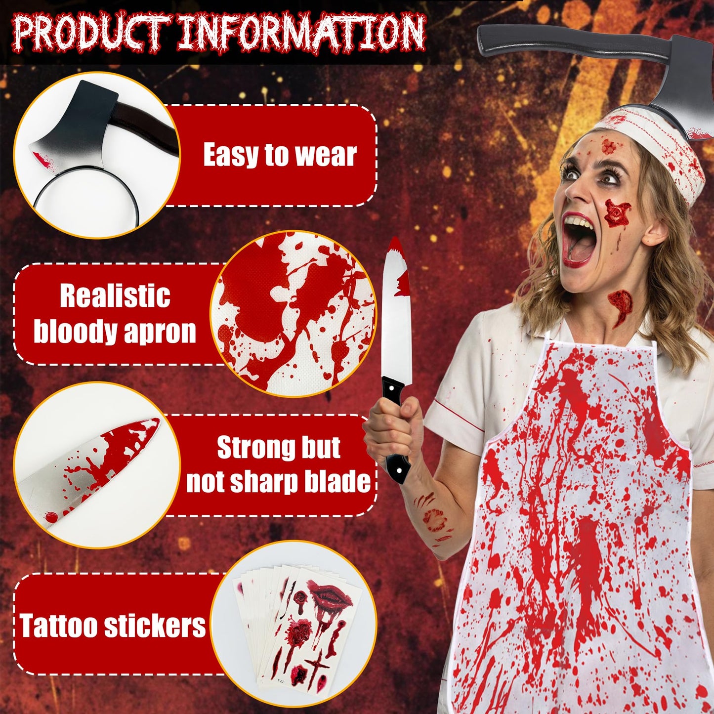 Disfraz Halloween Hombre Adulto Mujer – Halloween Costume Miedo Carnicero con Diadema Hacha, Cuchillo y 10 Tatuajes, Disfraz Adulto Ideal para Fiestas, Cosplay y Eventos Temáticos